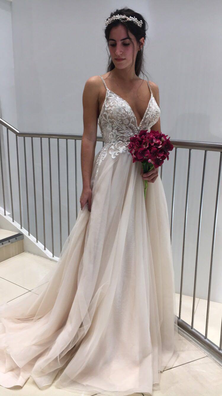 beaded bodice plunging-v illusion wedding dress galina signature Our of the Week is the new SWG784. Featuring 5,000 hand-placed crystals, beads, and sequins, the sheer of this flowing organza A-line dress is a sparkling Men's Black Satin Dress Micro-Ruffle Size:2S-2M-2L