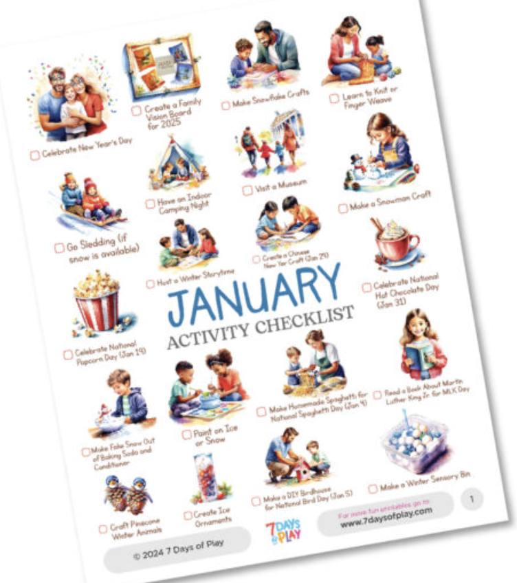 7 Days of Play - JANUARY ACTIVITY CHECKLIST --> https://7daysofplay.com ...