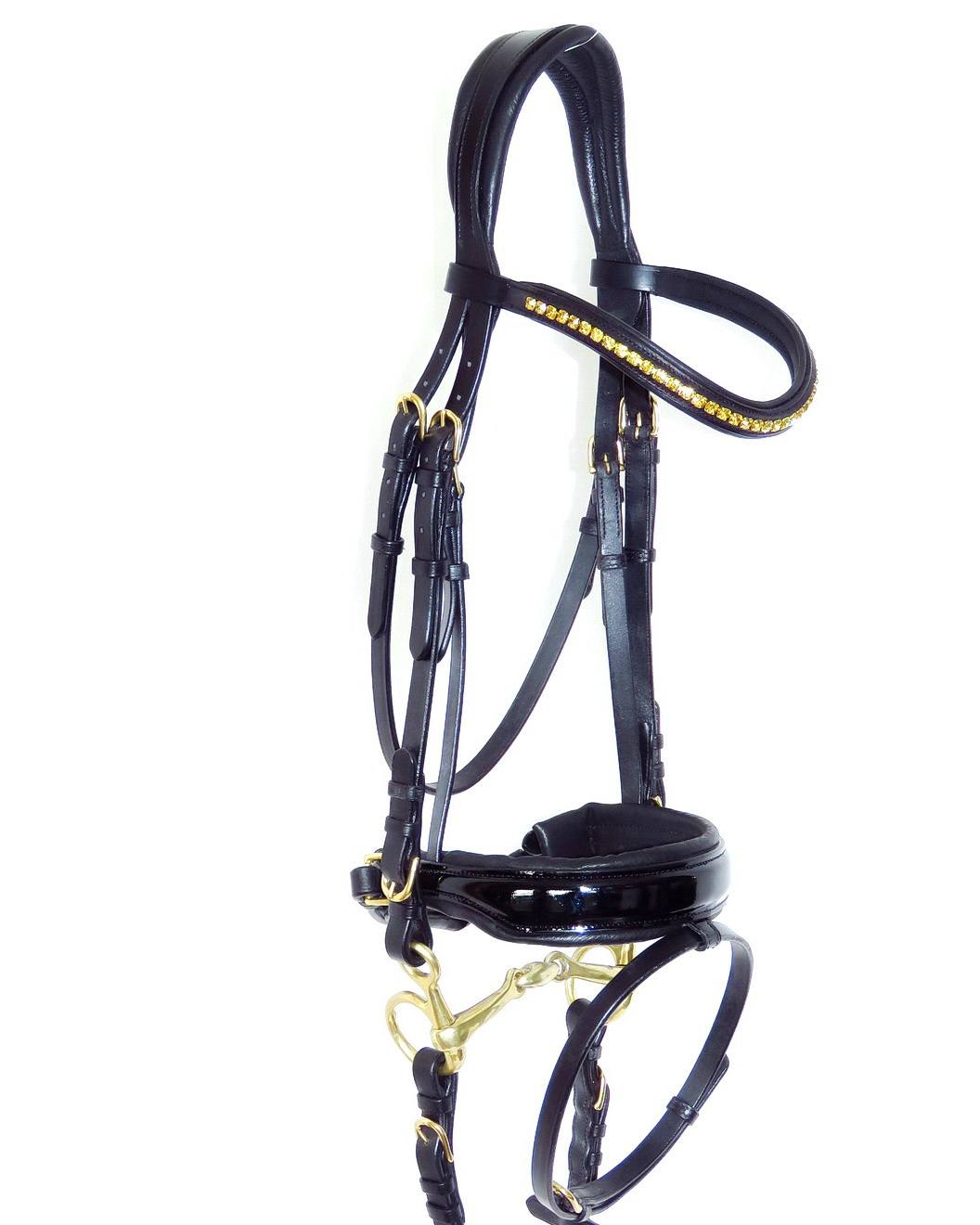 FSS Freeform Anatomical Bridle With Crystal Bling - Dressage Bridle - Black Leather - White Stitch Cut Away Patent 1 thumbnail image