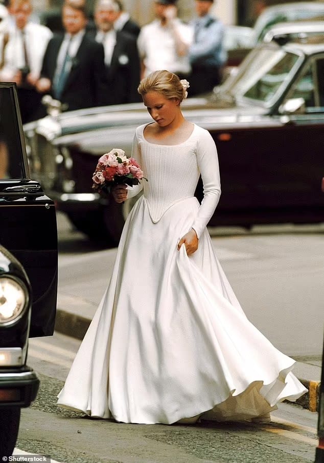 lady sarah chatto wedding dress Zara Tindall, then aged 13, seen in her role as a bridesmaid on the day of Chatto's wedding, 14 July 1994 blue mini dress