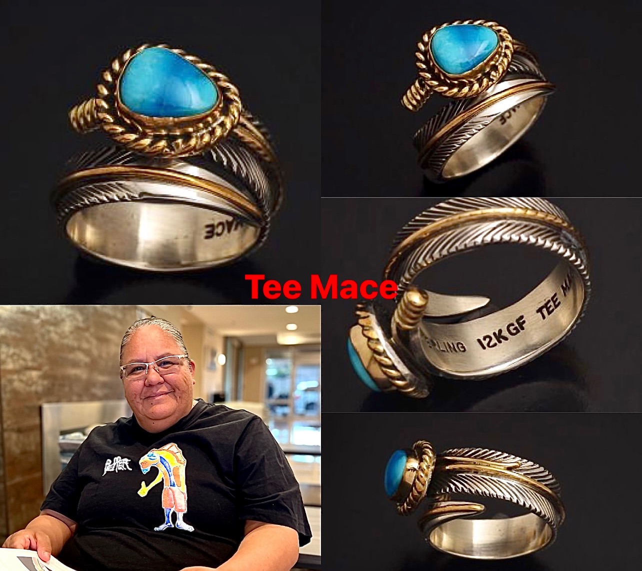 Tee Mace jewelry ナバホ族ティーメイス製作のターコイズがセットされ