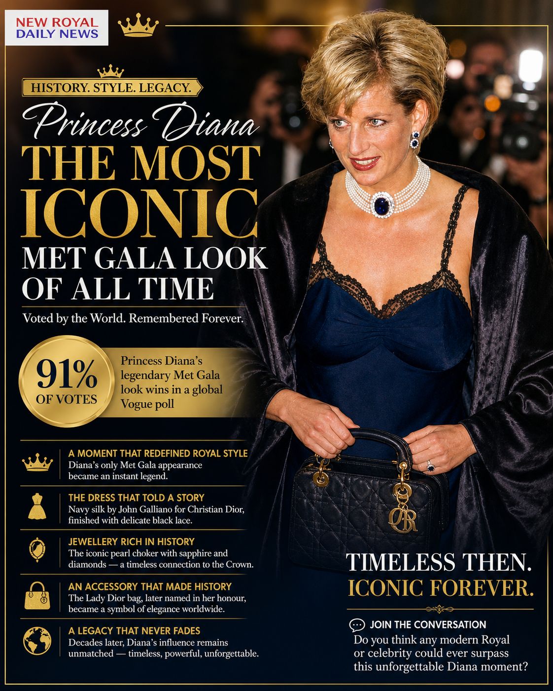 ✨ Some moments in royal history never lose their brilliance — and this is undoubtedly one of them. Princess Diana has now been voted the most iconic Met Gala look of all