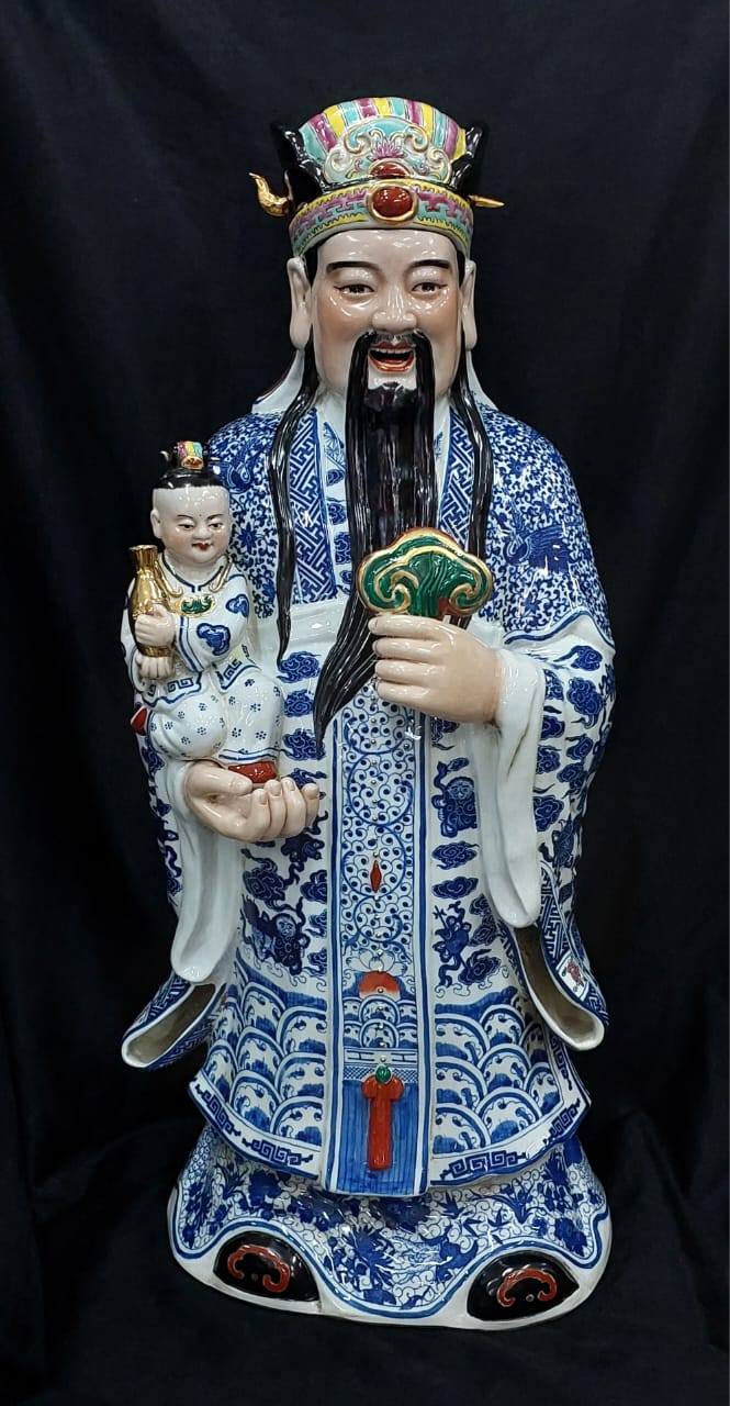 出一套手工青花福绿寿财神雕像精品粉彩福祿壽三星器型精致福禄寿三星
