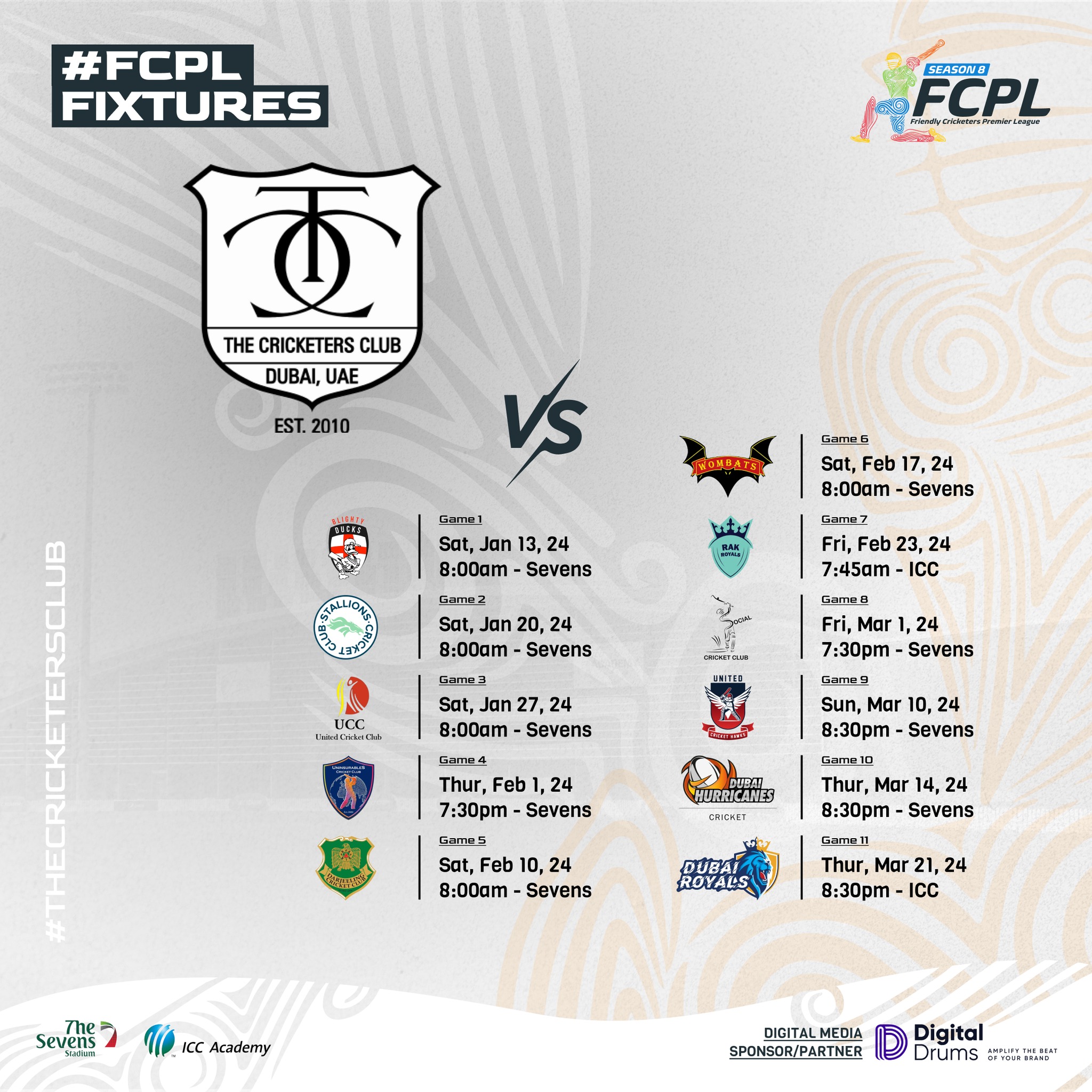 Friendly Cricketers League - Here is the FCPL Season 8 schedule for The ...