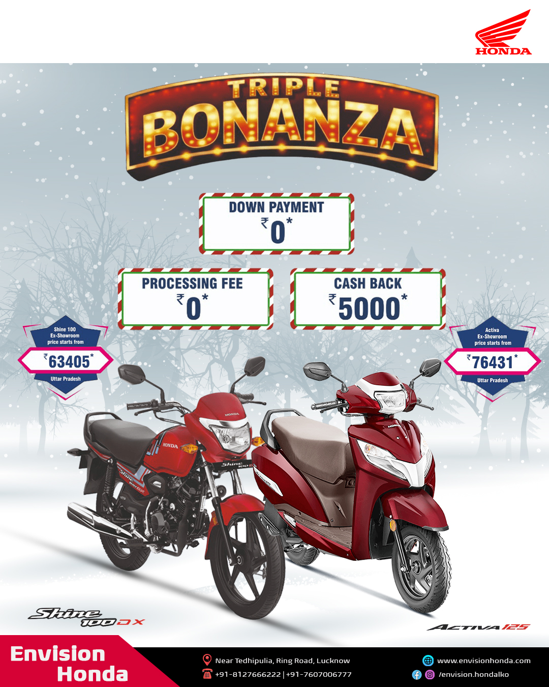 Enjoy the Triple Bonanza Offer at Envision Honda 🏍️✨ Get your