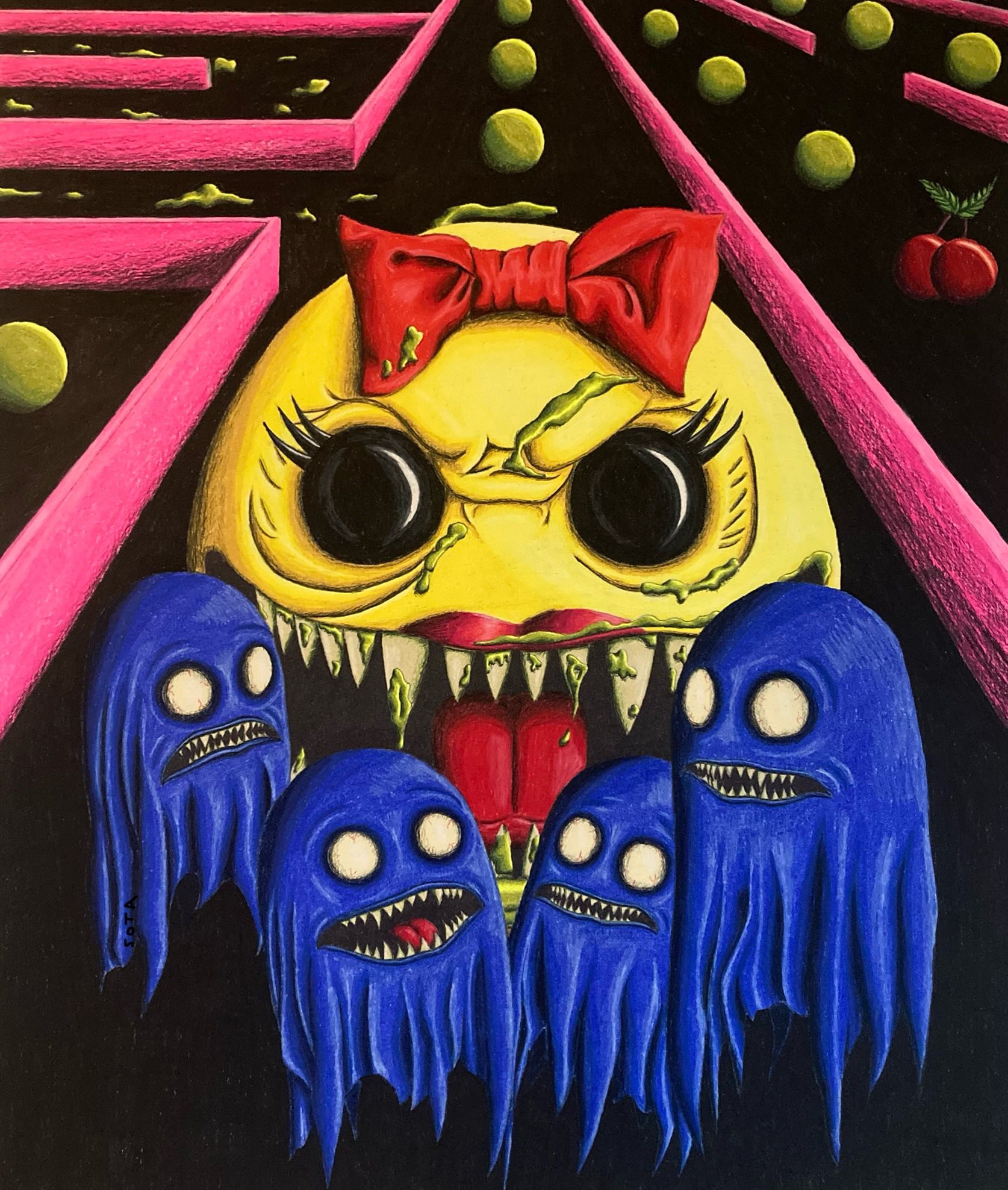 Retro game art: Zombie Mrs. PacMan colored pencil for sale