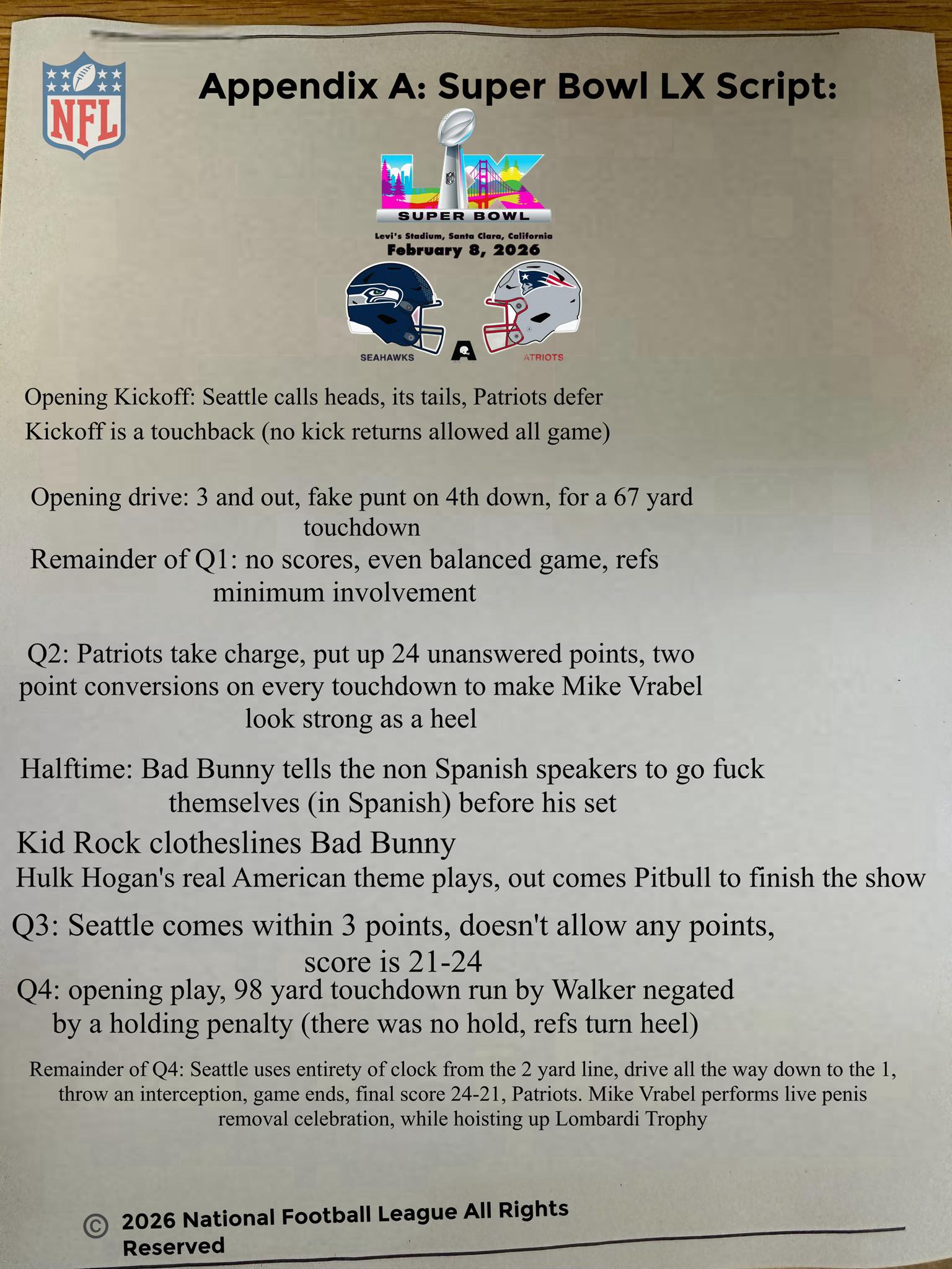 WWG-World - BREAKING: The script for Super Bowl LX has been leaked! 👀 ...