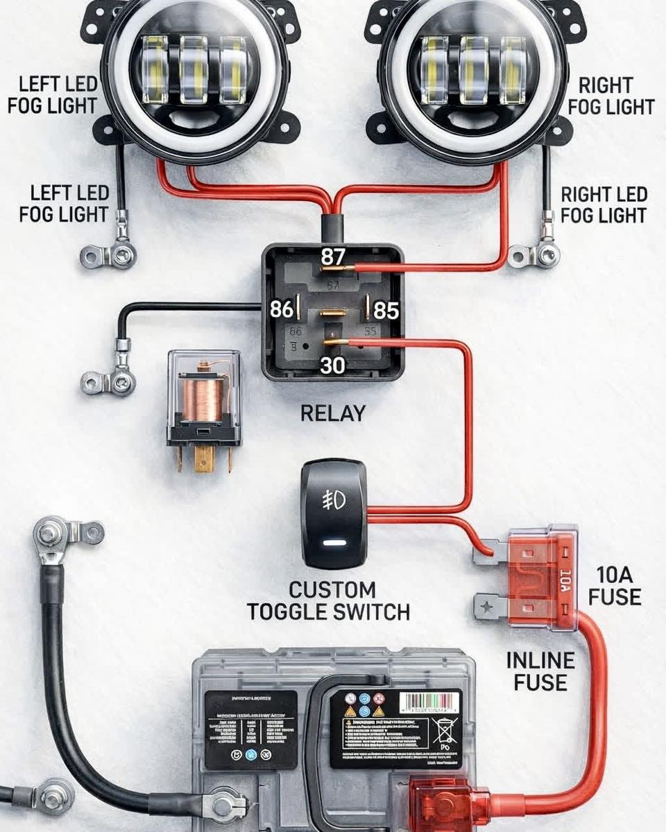 how to wire led pods to fog lights 🚗💡 Light Wiring Setup This setup uses LED fog lights, a 4-pin relay, a dashboard toggle switch, and a 10A fuse safely power auxiliary lights. 🔧 It Works FLUM PEBBLE BOX - 16 current tacoma brackets Flavors:Tropical Baja Splash
