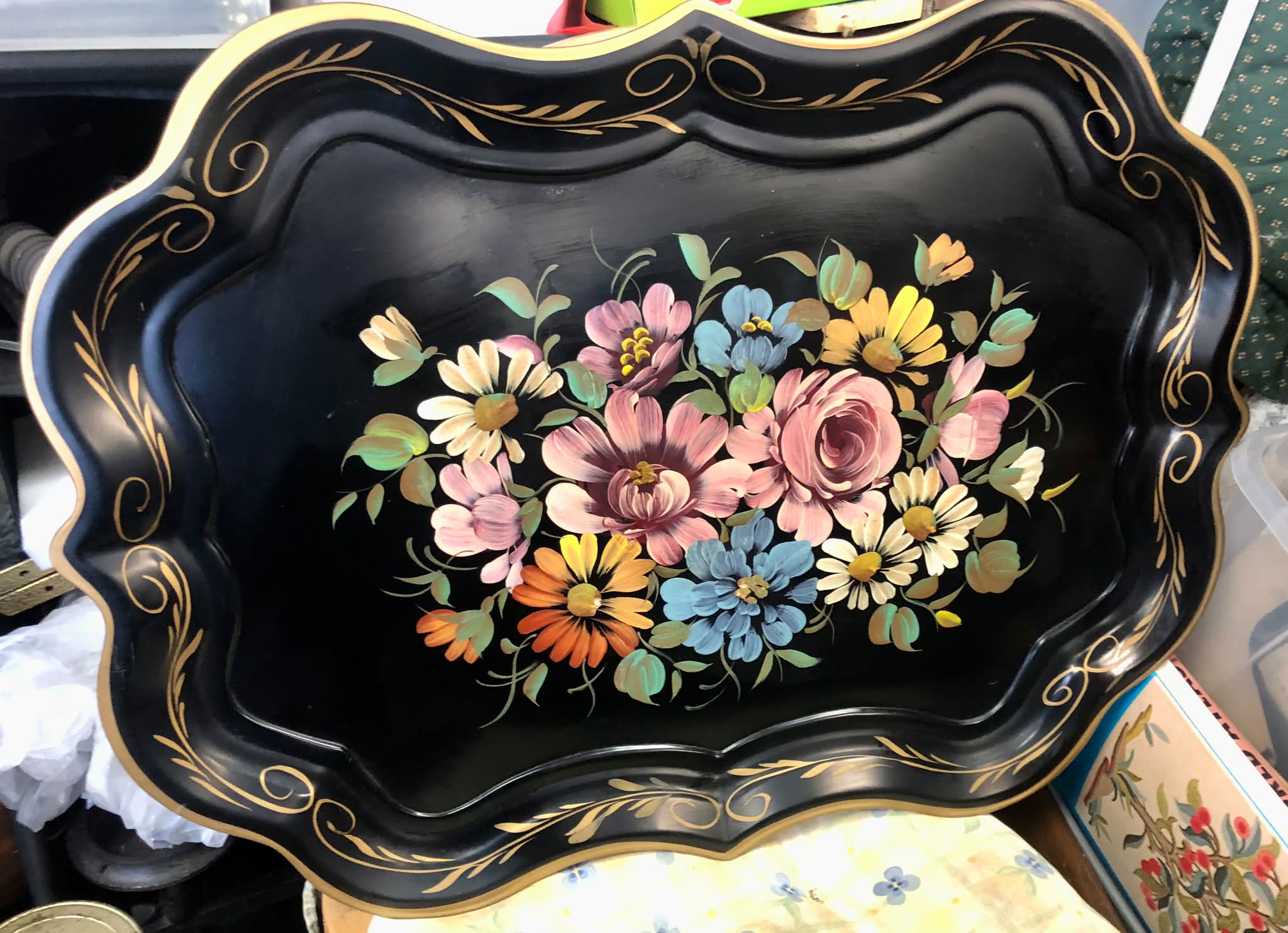1960s Hand Paint 夜のフラワーガーデン ヴィンテージ トレー 19 3/4 x 26 3/4 inch vintage wall hanging hand painted tole ware