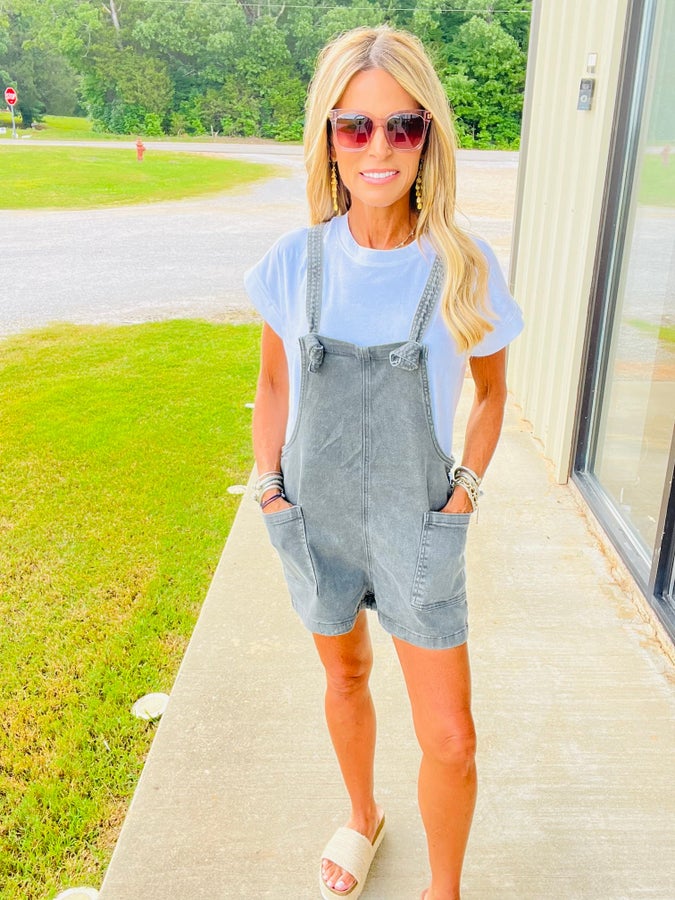 LAZY DAZE ROMPER -ASH BLACK--FLASH SALE. WASHED KNOT STRAP ROMPERS