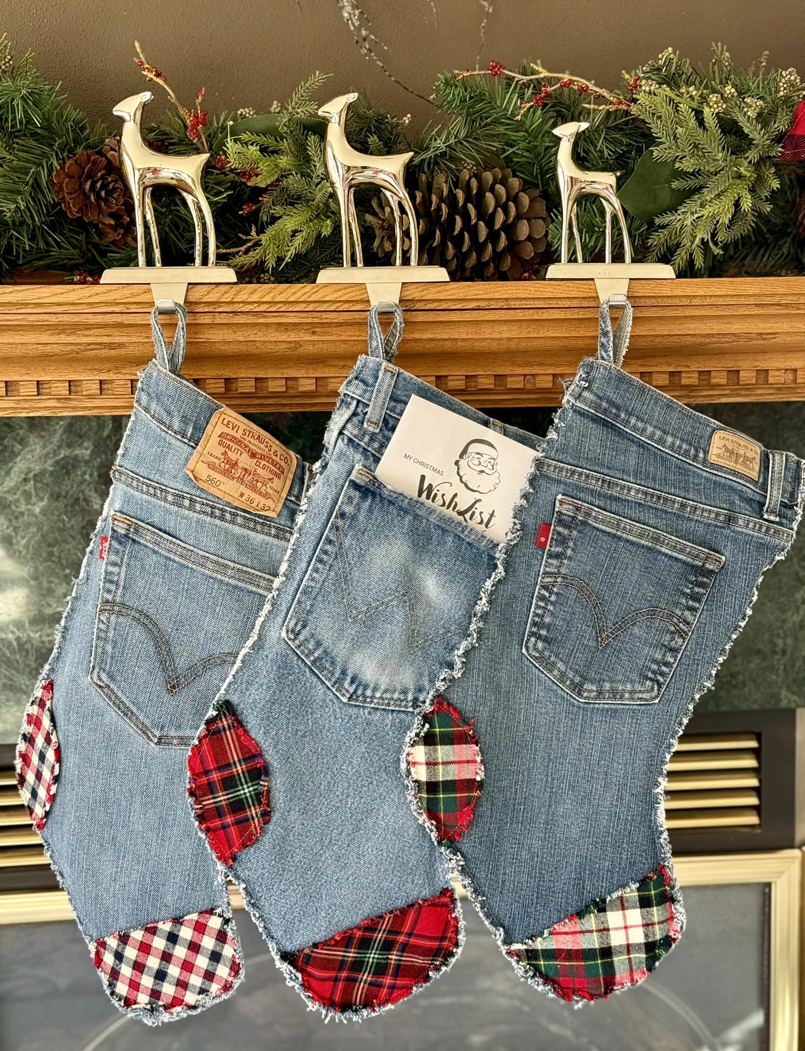 I reimagined jeans and flannel shirts into Christmas stockings!