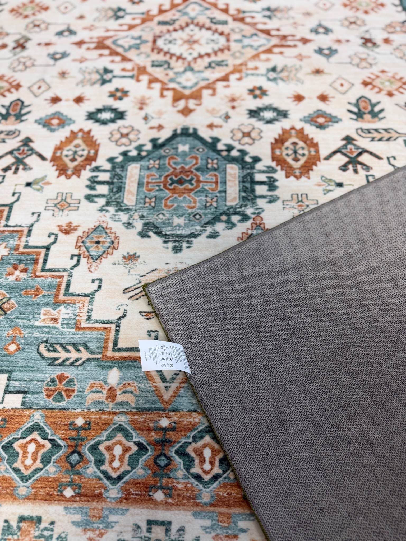 Brand new washable Boho Geometric Area Rug Teal Orange Cream size 5by7 ...