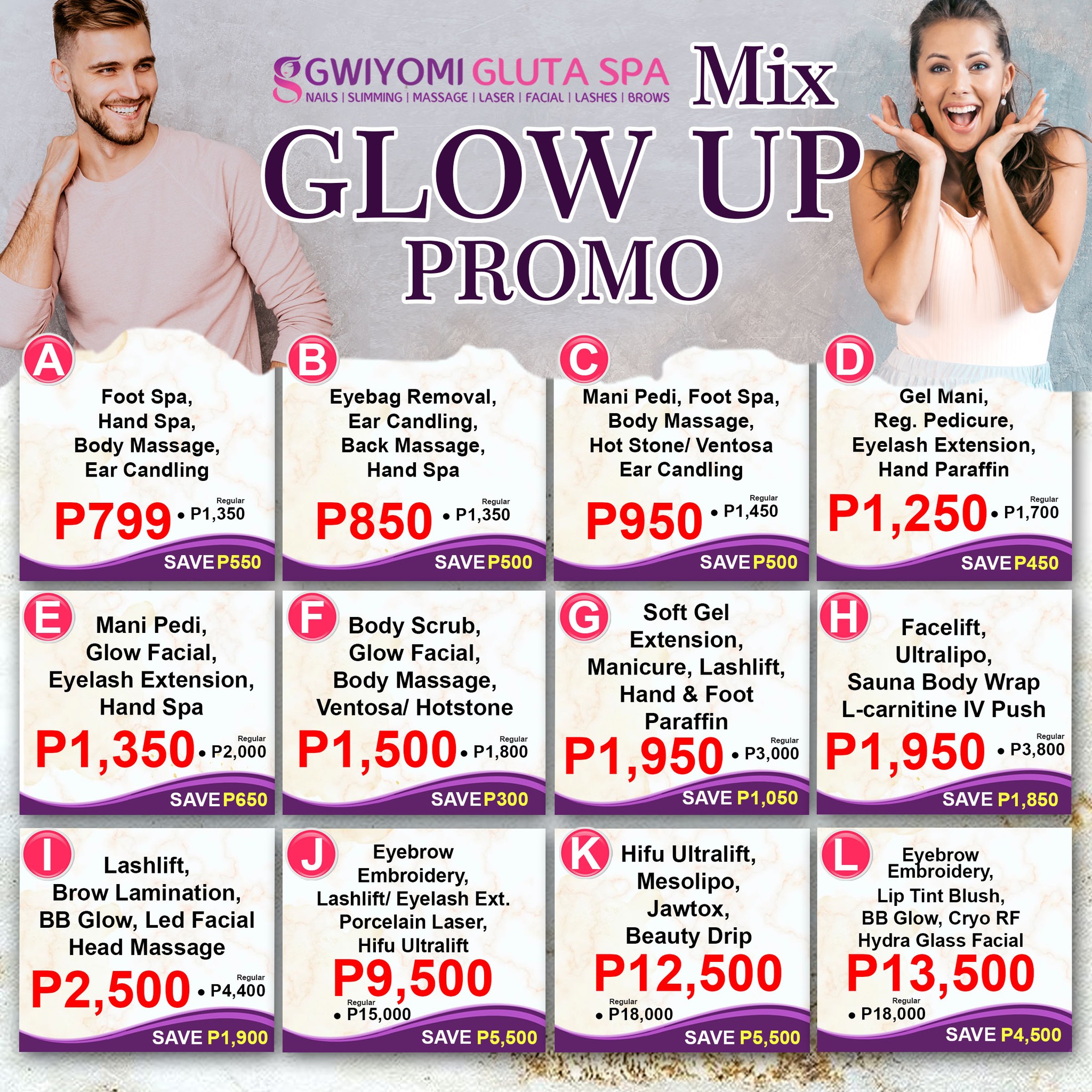 Shine bright like the younger you! ✨ Check out our Mix Glow Up Promo at Gwiyomi Gluta Spa and choose your favorite glow. Let's glow together! Free Loyalty Card and earn stamps