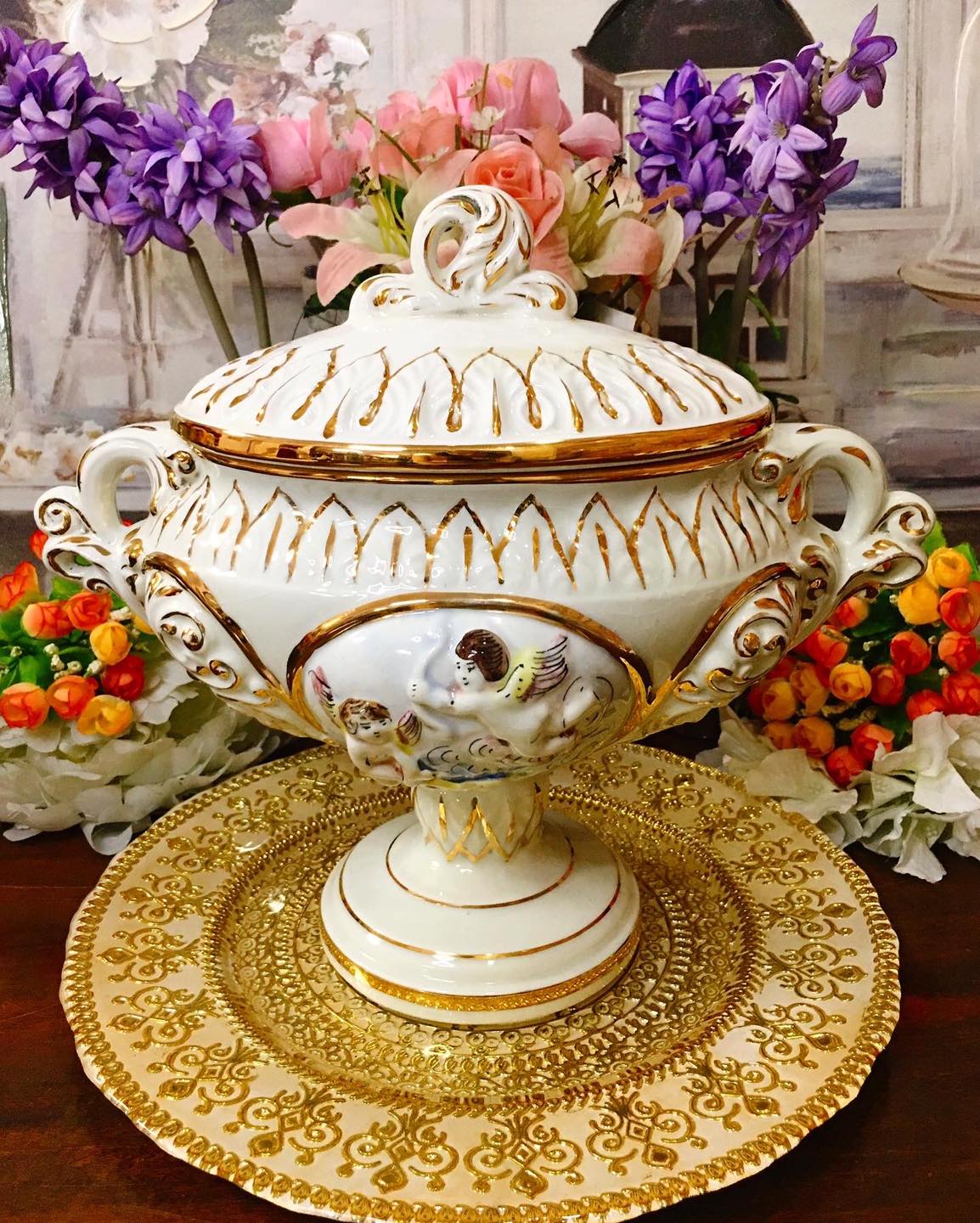 ★carmona★ブーケ   ３点セット Vintage Keramos R. Capodimonte Pedestal Bowl & Lid Cherub Italy