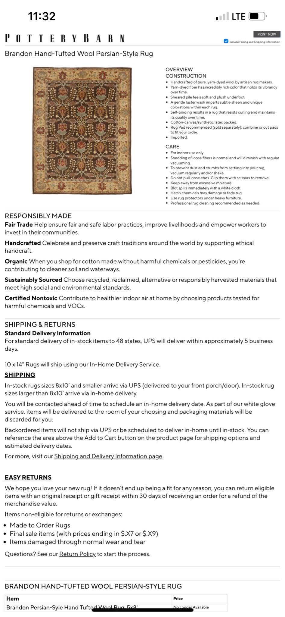 Pottery barn Brandon Hand-Tufted Wool Persian-Style Rug used 8x10 ...