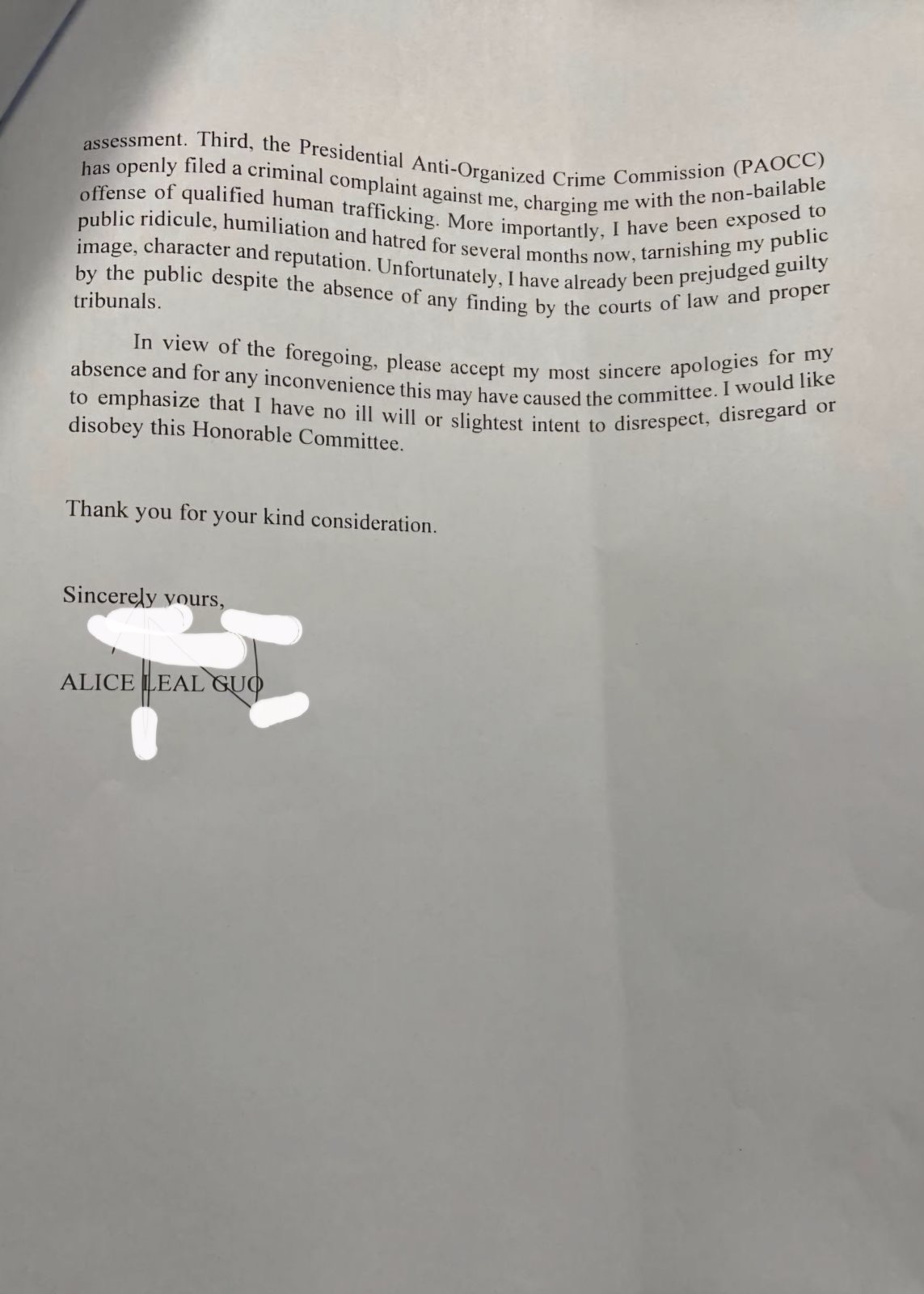 ABS-CBN - READ: Letter from suspended Bamban Mayor Alice Guo explaining ...