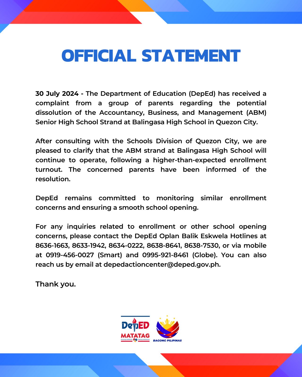 OFFICIAL STATEMENT 30 July 2024 - The... - DepEd Philippines | Facebook