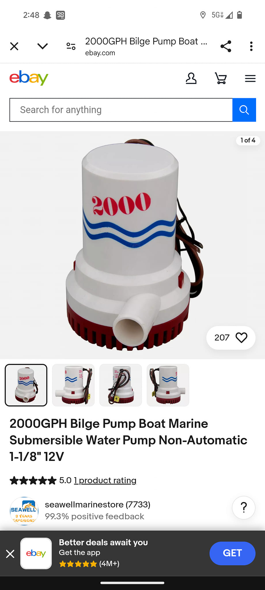 1100GPH 12v/24v Electric Marine Submersible Bilge Sump Water Pump For