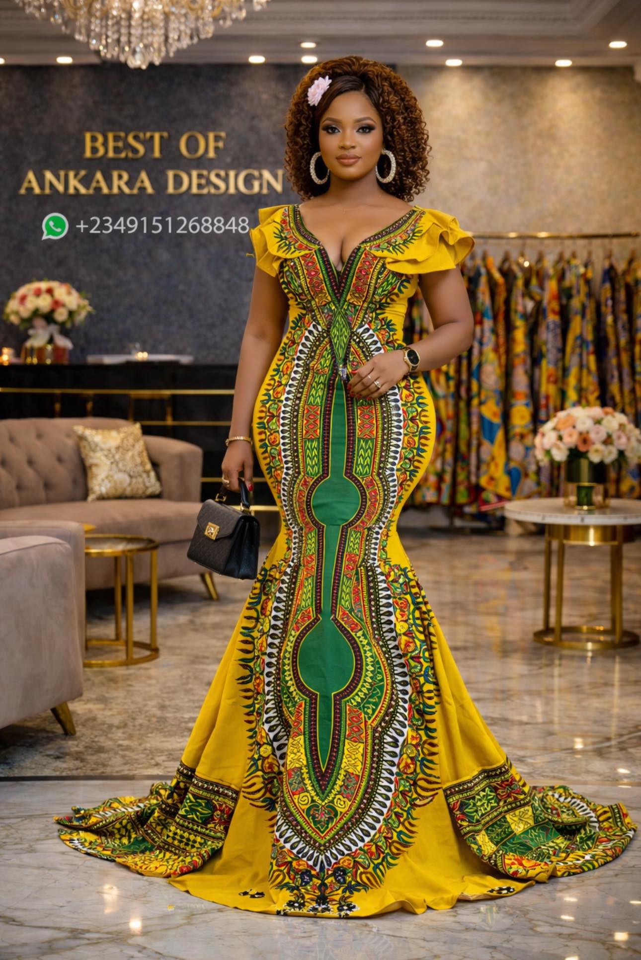 One design. Three powerful color statements. Which one is your favorite — Royal Blue, Yellow, or Green? This luxury Dashiki Ankara mermaid gown is made to make you unforgettable. Available to order