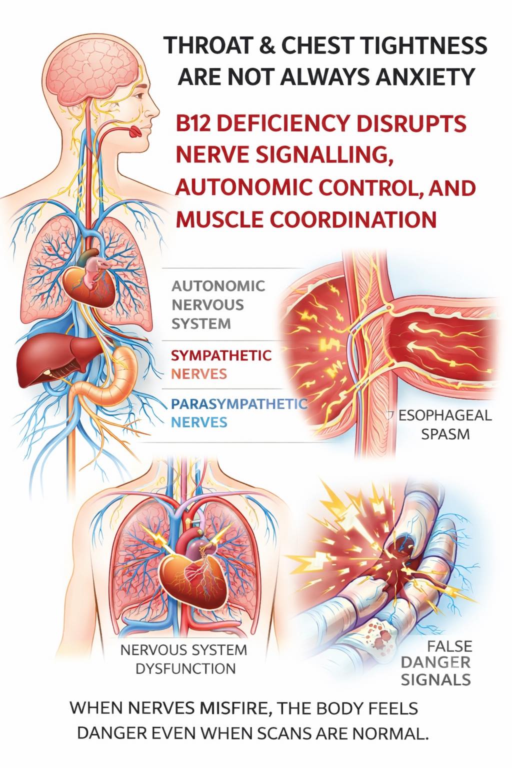 b12 injection autonomic nerves Tightness in the throat and chest can occur with deficiency and it is commonly mislabelled as anxiety. The mechanism is neurological and autonomic, not psychological. Here is the clear biology you magnesium injection for seizures