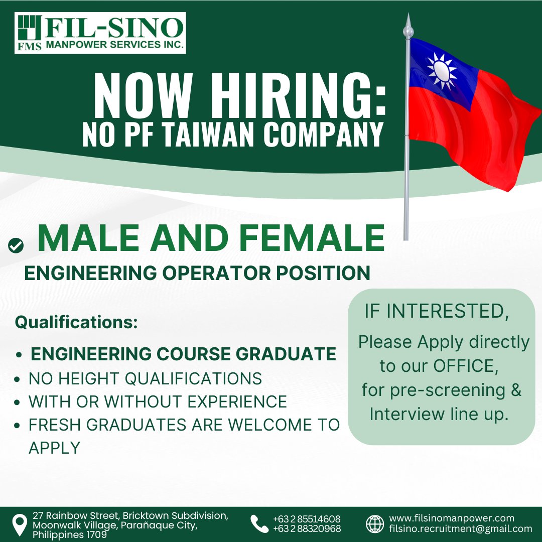 WE ARE HIRING TAIWAN... - Fil-Sino Manpower Services Inc. | Facebook
