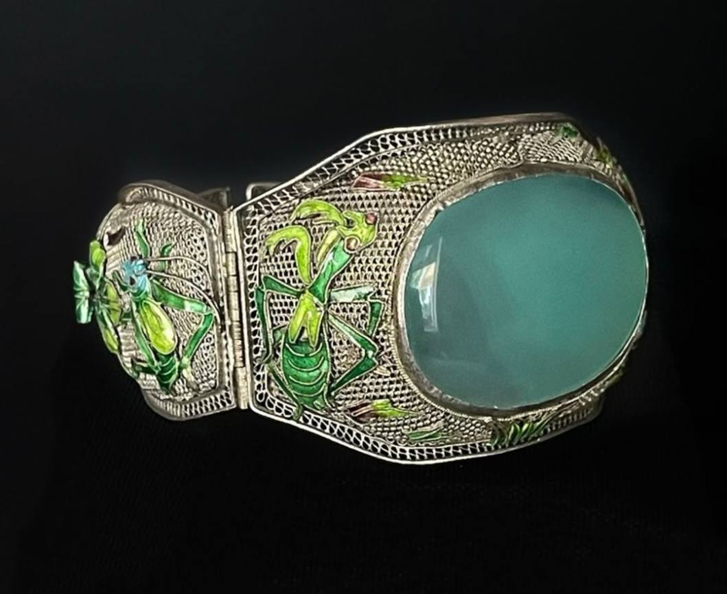 CHINESE EXPORT STERLING SILVER BAT Vermeil JADE ENAMEL vintage