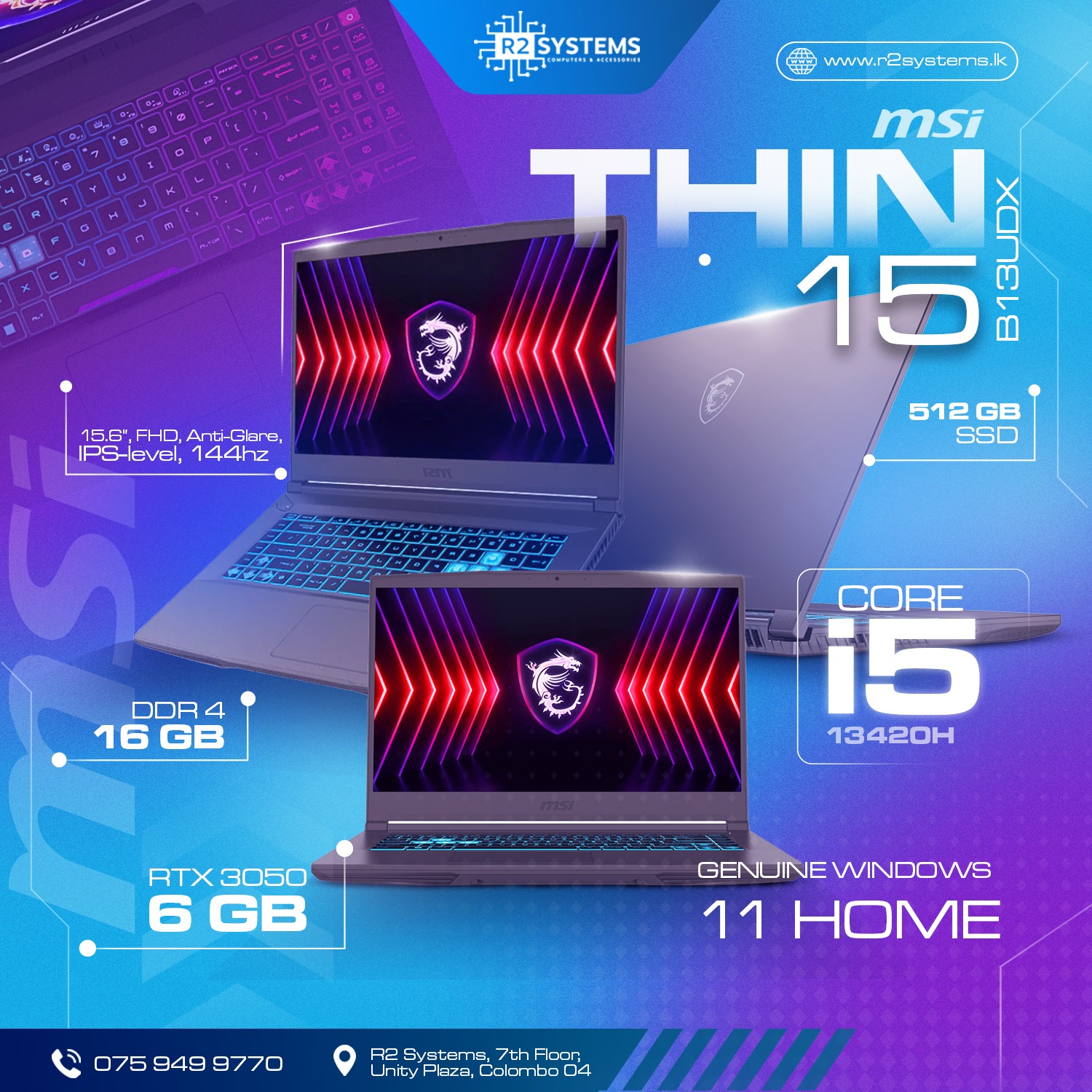R2 - ⚡MSI THIN 15 B13UC INTEL CORE I5-13620H 13TH GEN /16GB DDR4 ...