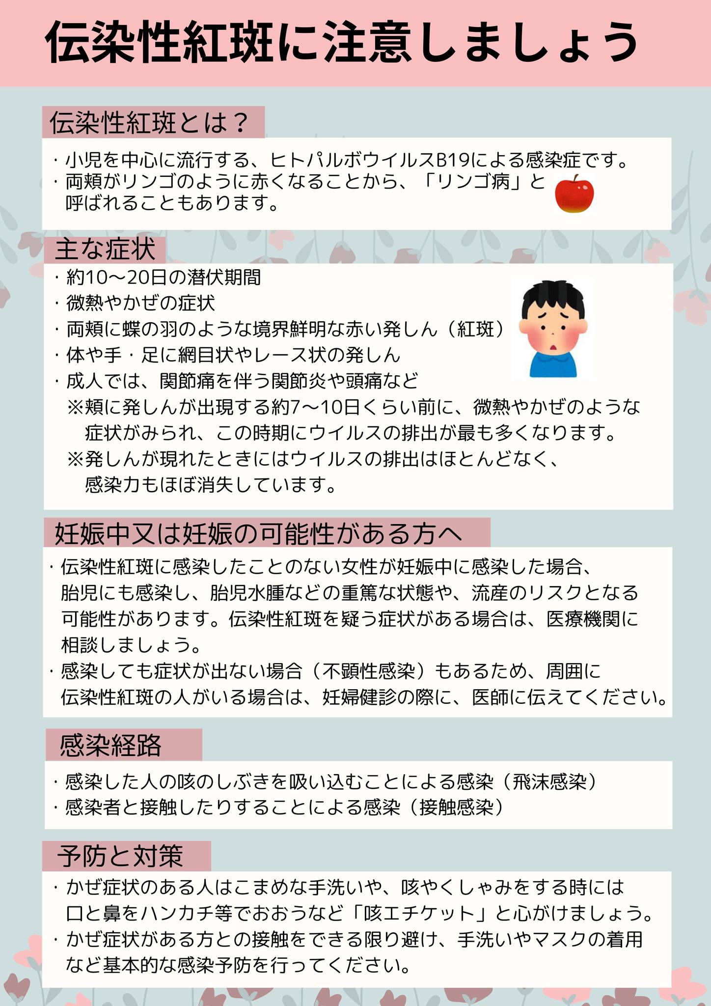 伝染性紅斑（リンゴ病）にご注意ください】 伝染性紅斑とは両頬に赤い 