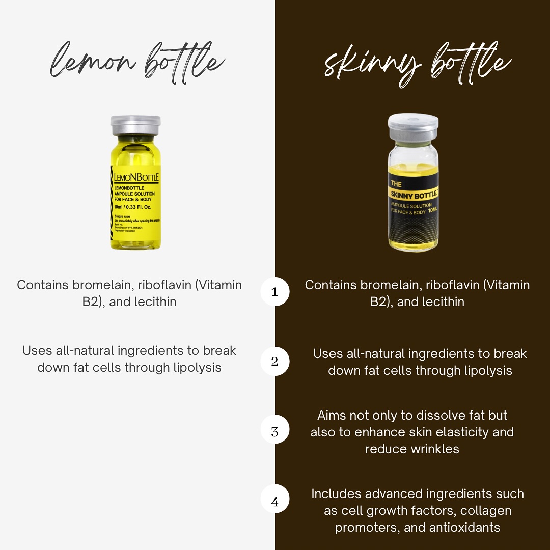 We often get asked what the difference is between the popular Lemon Bottle fat dissolving solution, and our New 'Skinny Bottle' formula 👀 Well, as you can see both treatments boast organic