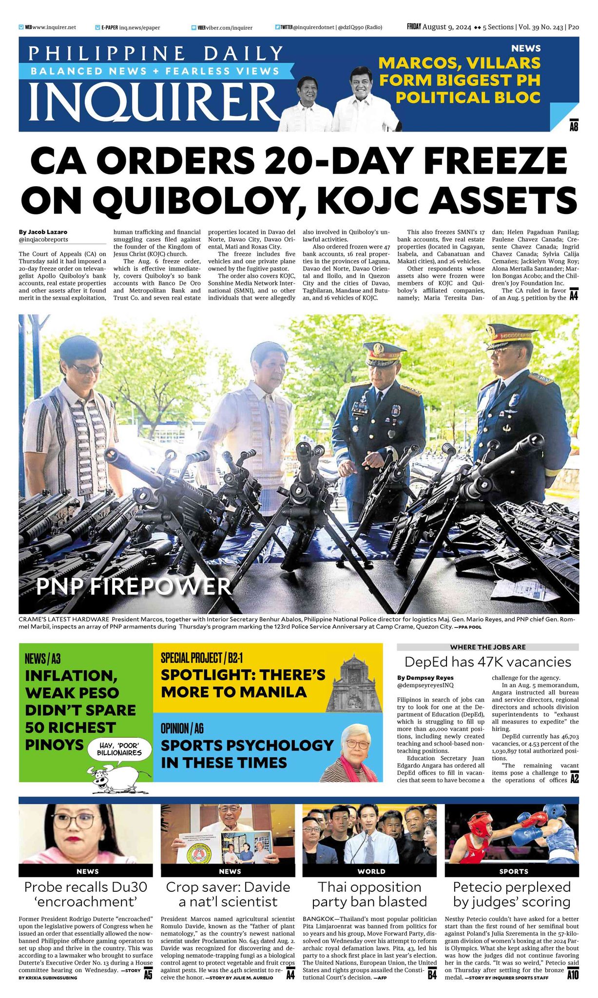 INQUIRER.net - Today's Inquirer front page (Aug. 9, 2024)....