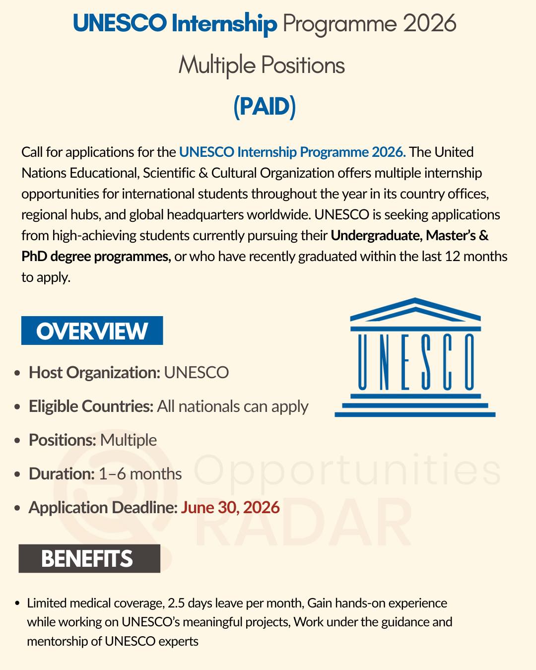 UNESCO Internship Programme 2026 -... - Youth Opportunity | Facebook