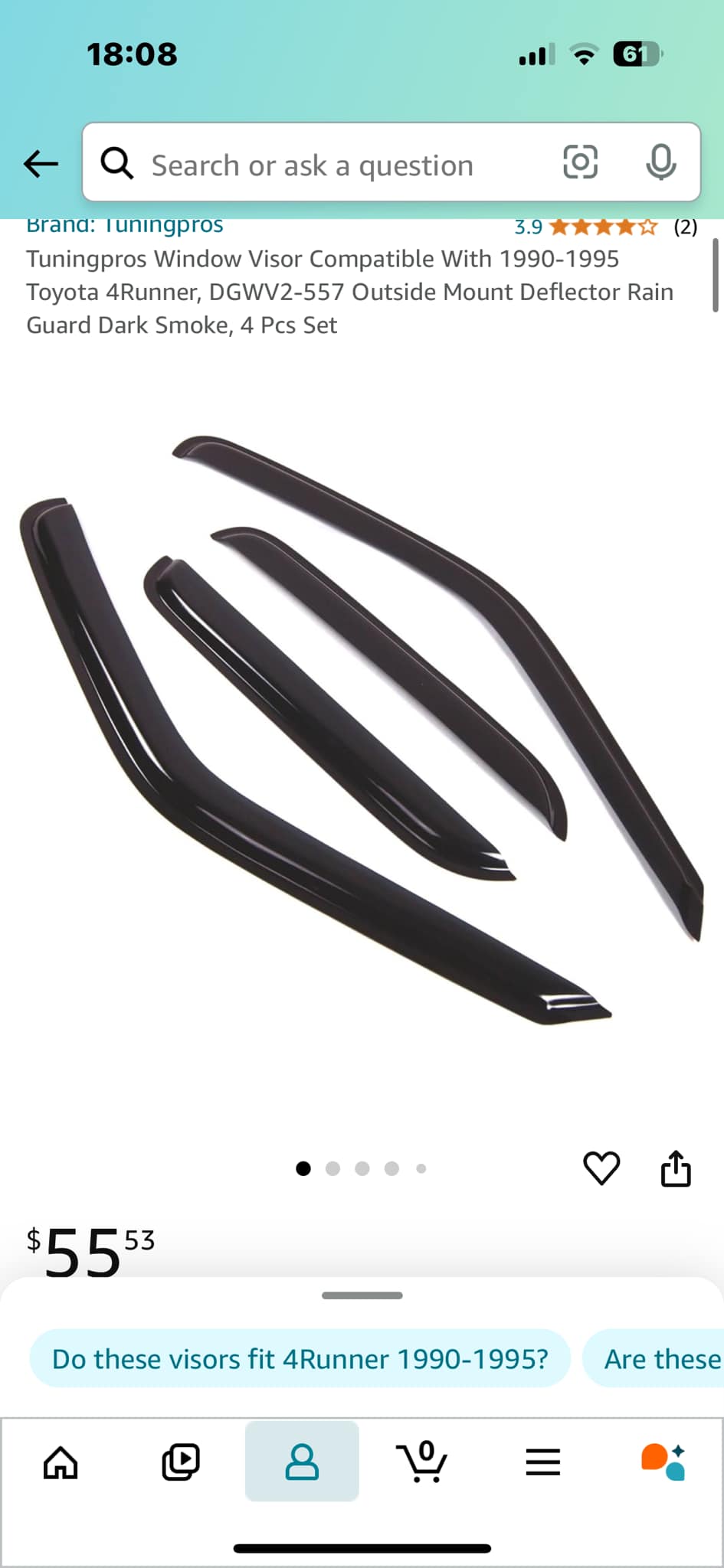 Window Visor Rain Guard 4pcs For Toyota 4Runner 1990-1995 Tape-On Dark Smoke