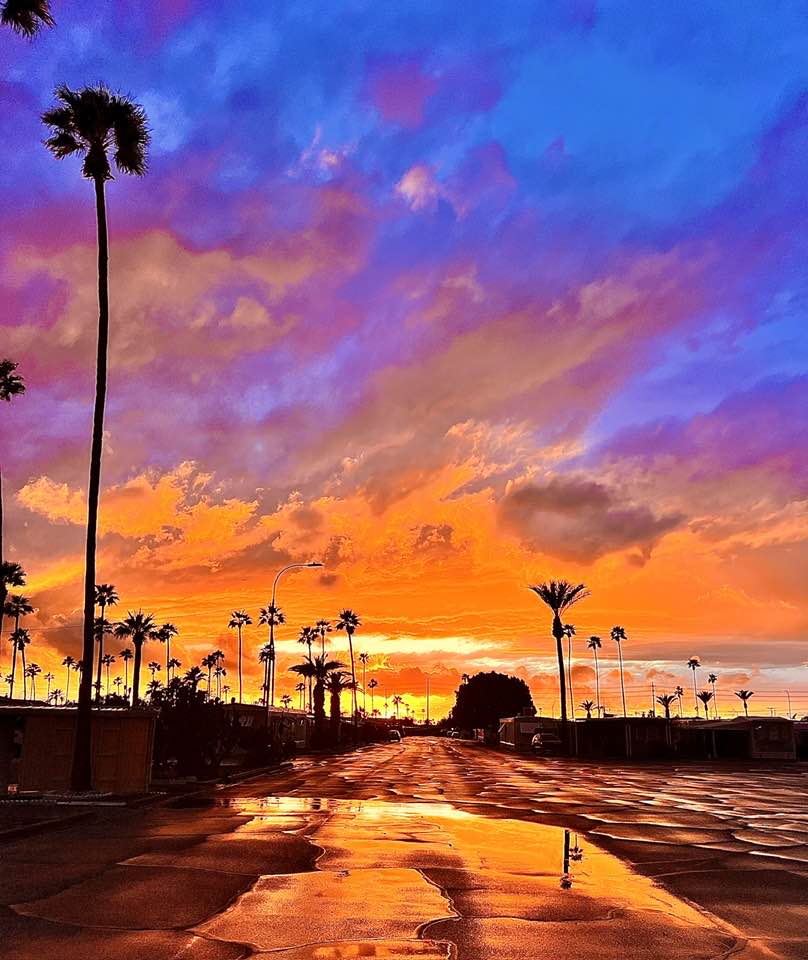 Spectacular sunset in Avra Valley, Arizona with rain showers