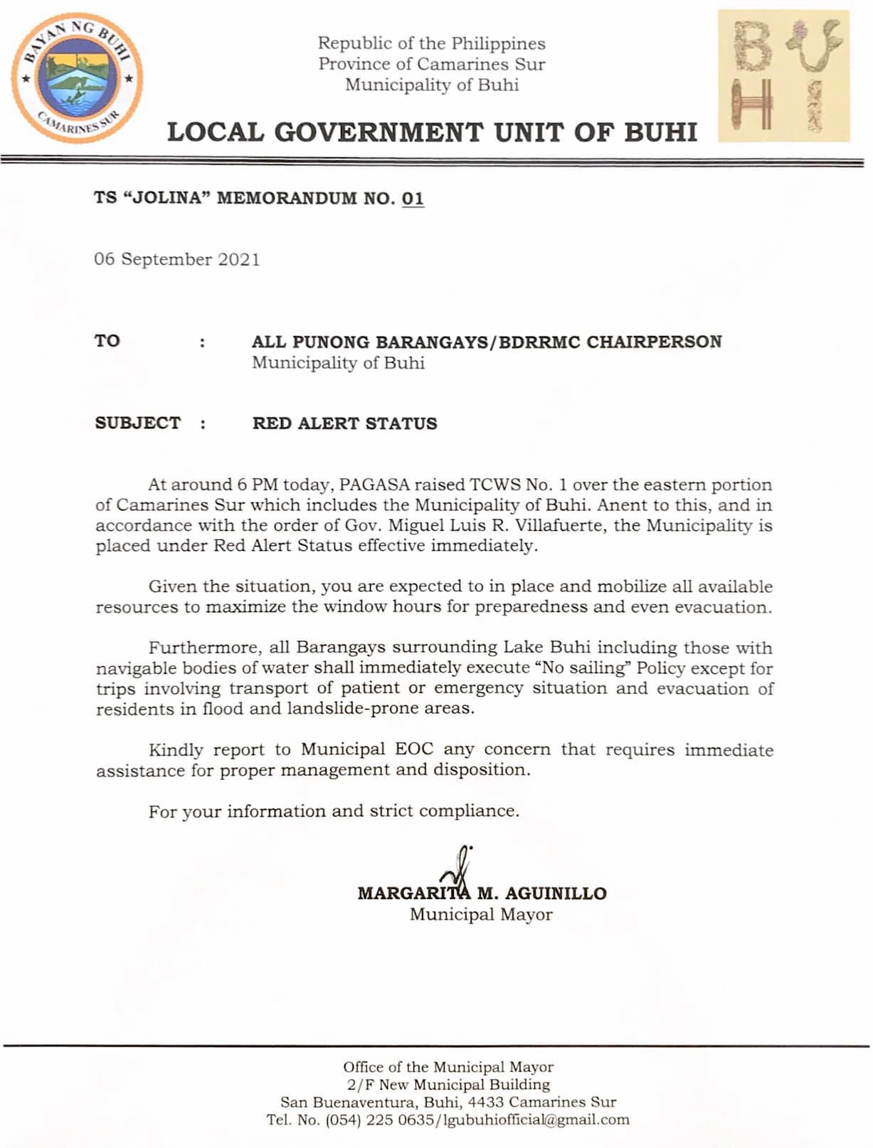 LGU Buhi Official - SUBJECT : RED ALERT STATUS ...