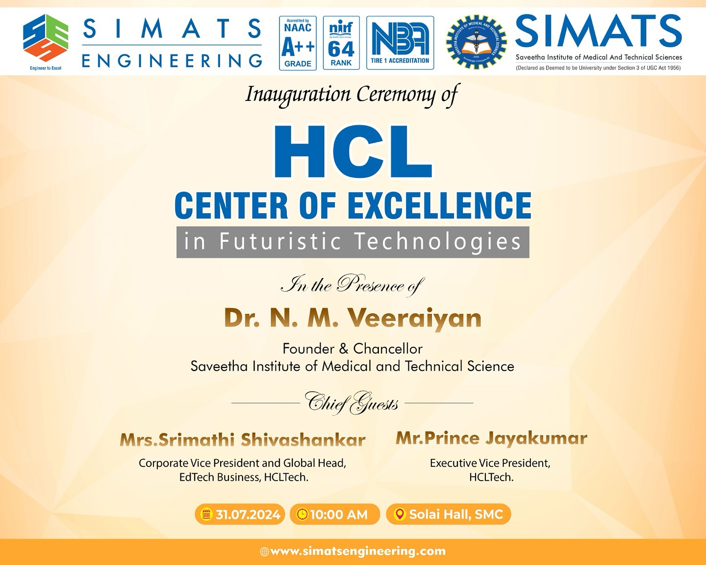 Simats - Inauguration Ceremony! Welcome to the Board #HCL Centre of ...