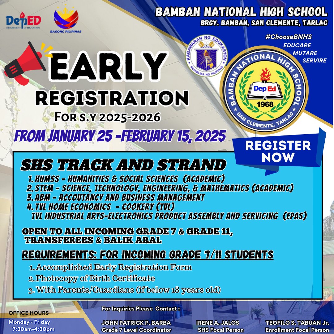 Bamban National High School - Announcement! Early Registration for SY ...