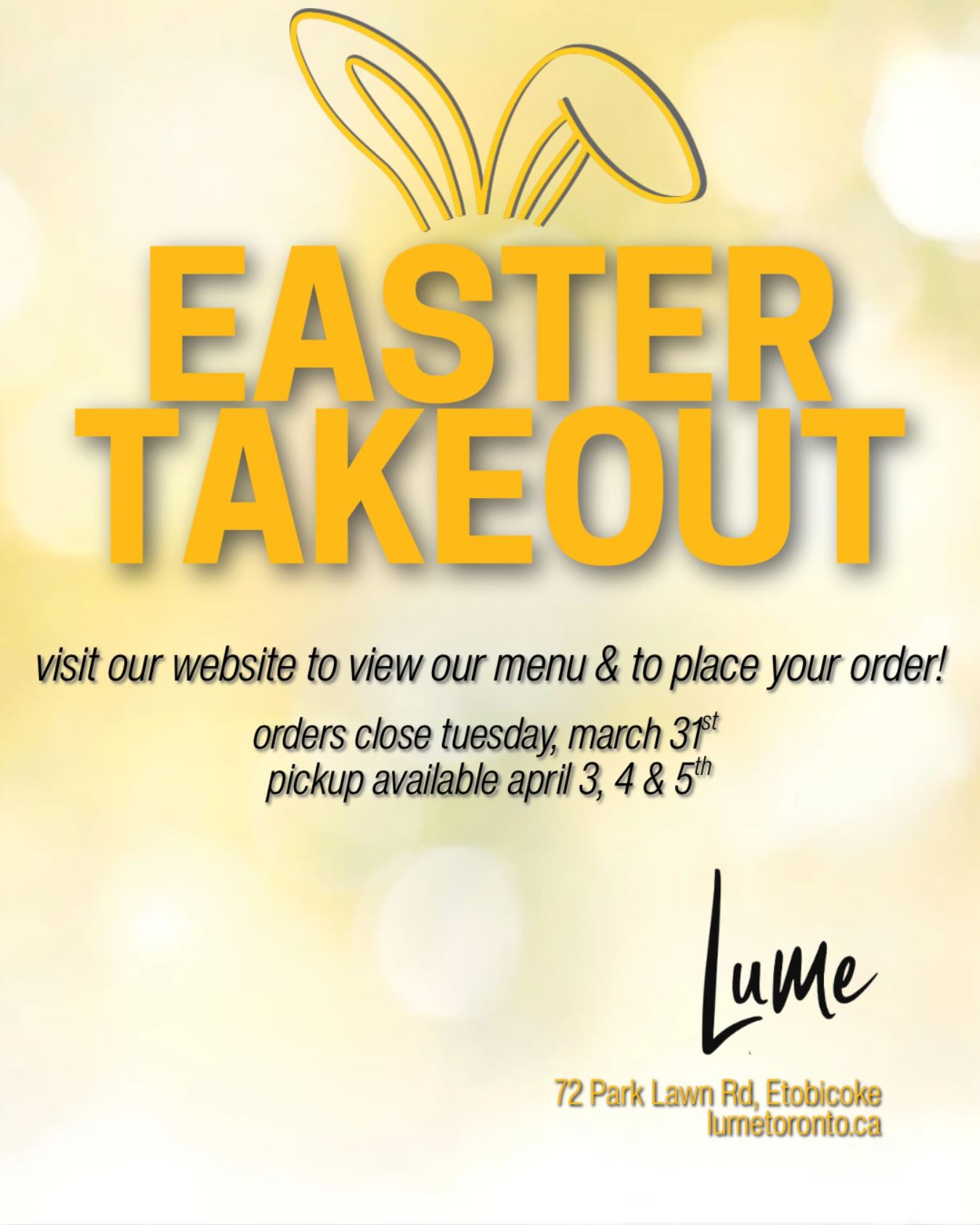 Easter Pre-Orders are Open! Visit our website lumetoronto.ca to 