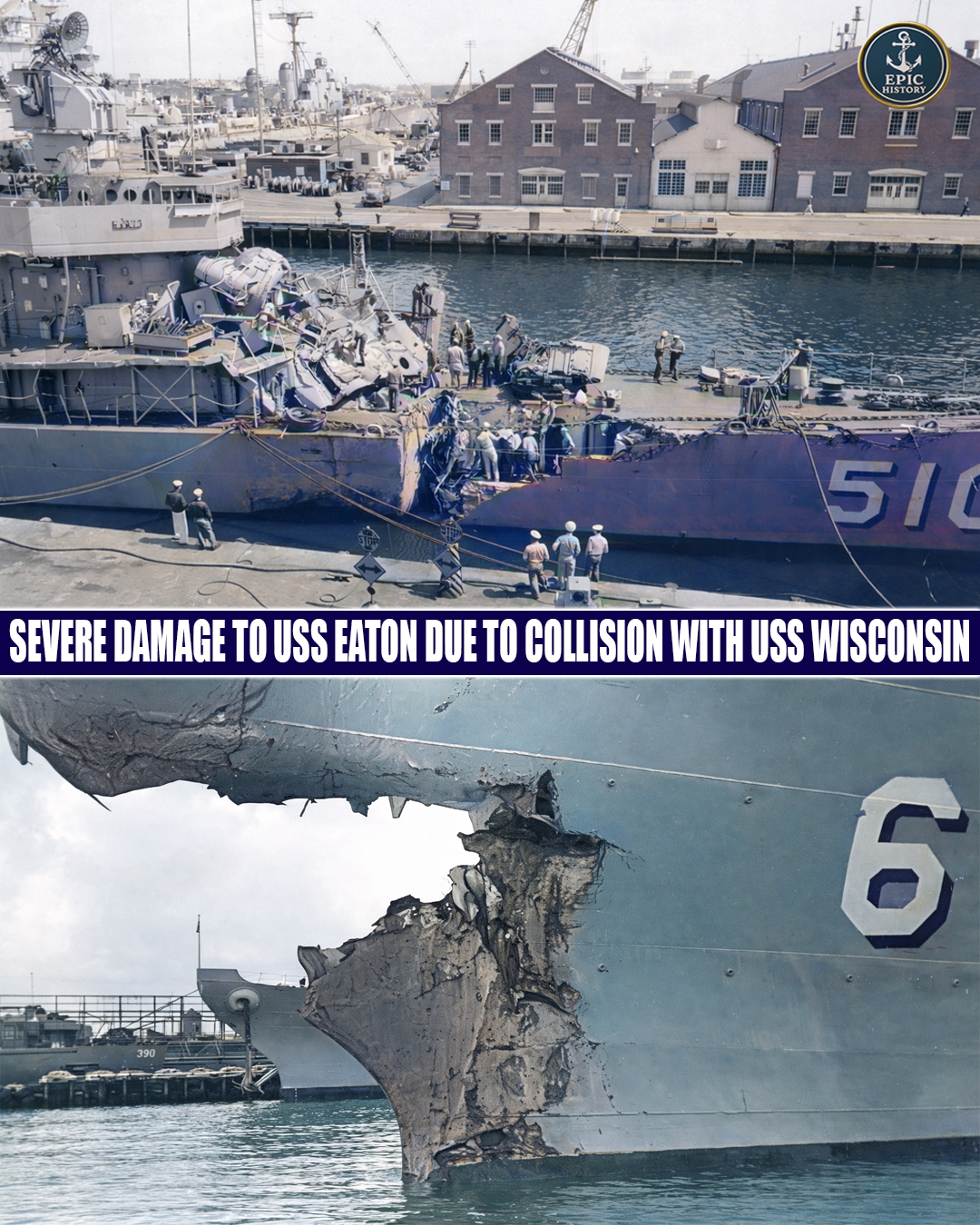 Epic - The USS Eaton (DD-510) is seen severely damaged after a fatal ...