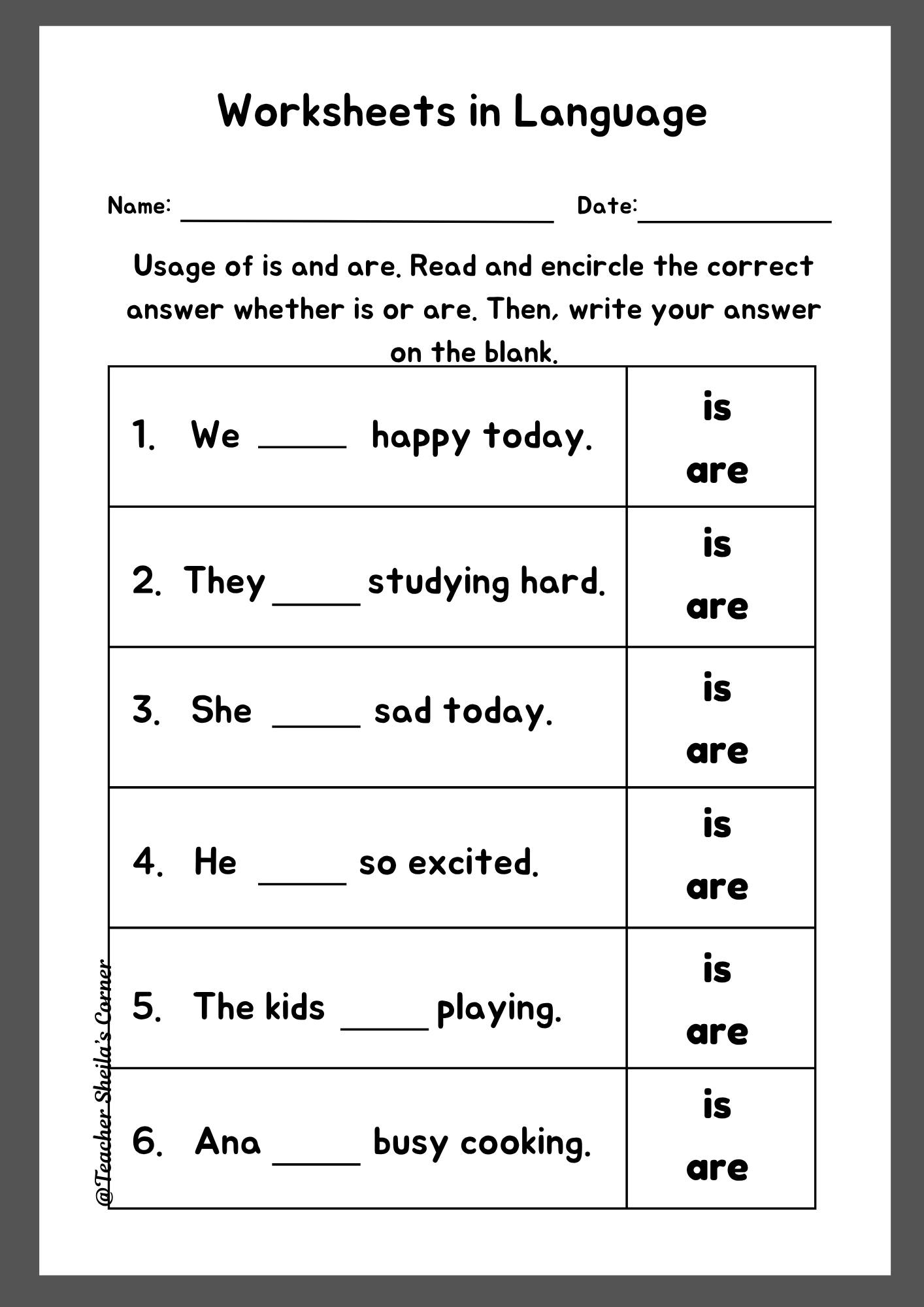 Worksheets - Usage of Is and Are... - Teacher Sheila's Corner | Facebook