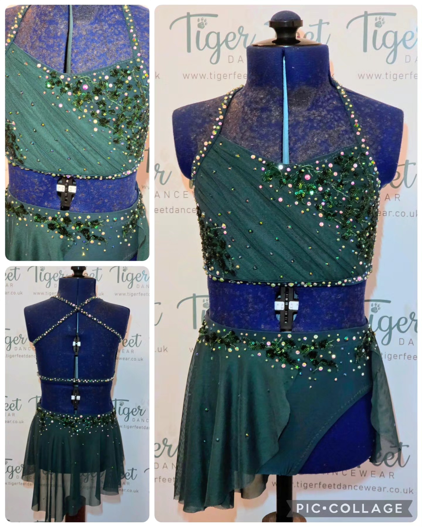 green lyrical dance dress Stunning deep 2 piece duet costumes. Pretty asymmetric skirt and gatgered mesh fronts that mirror image each other. The strappy back really glistens under the light. Ava & Avery are forest green dance costume