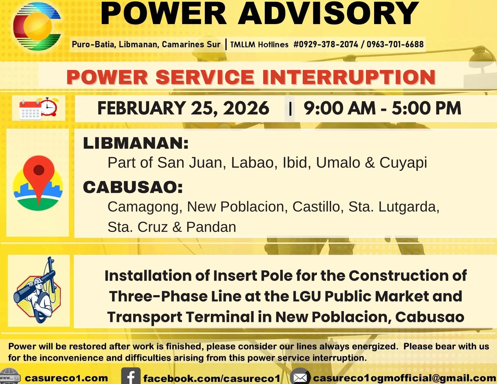 CASURECO - 📣𝐂𝐀𝐒𝐔𝐑𝐄𝐂𝐎 𝟏 𝐏𝐎𝐖𝐄𝐑 𝐒𝐄𝐑𝐕𝐈𝐂𝐄 𝐈𝐍𝐓𝐄𝐑𝐑𝐔𝐏𝐓𝐈𝐎𝐍 on February 25, 2026 ...