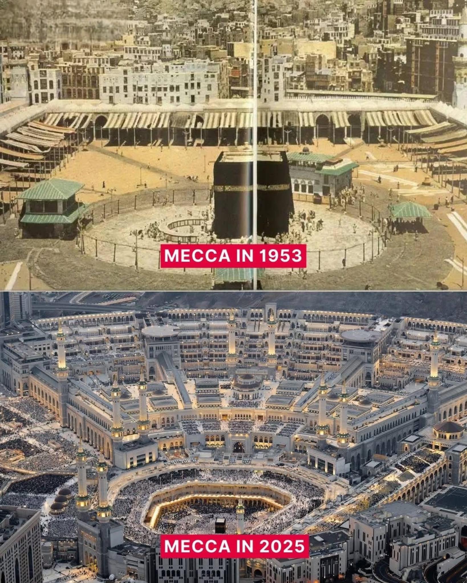 ?Mecca: Then and Now — 1953 vs. 2025 ? These two images show the 
