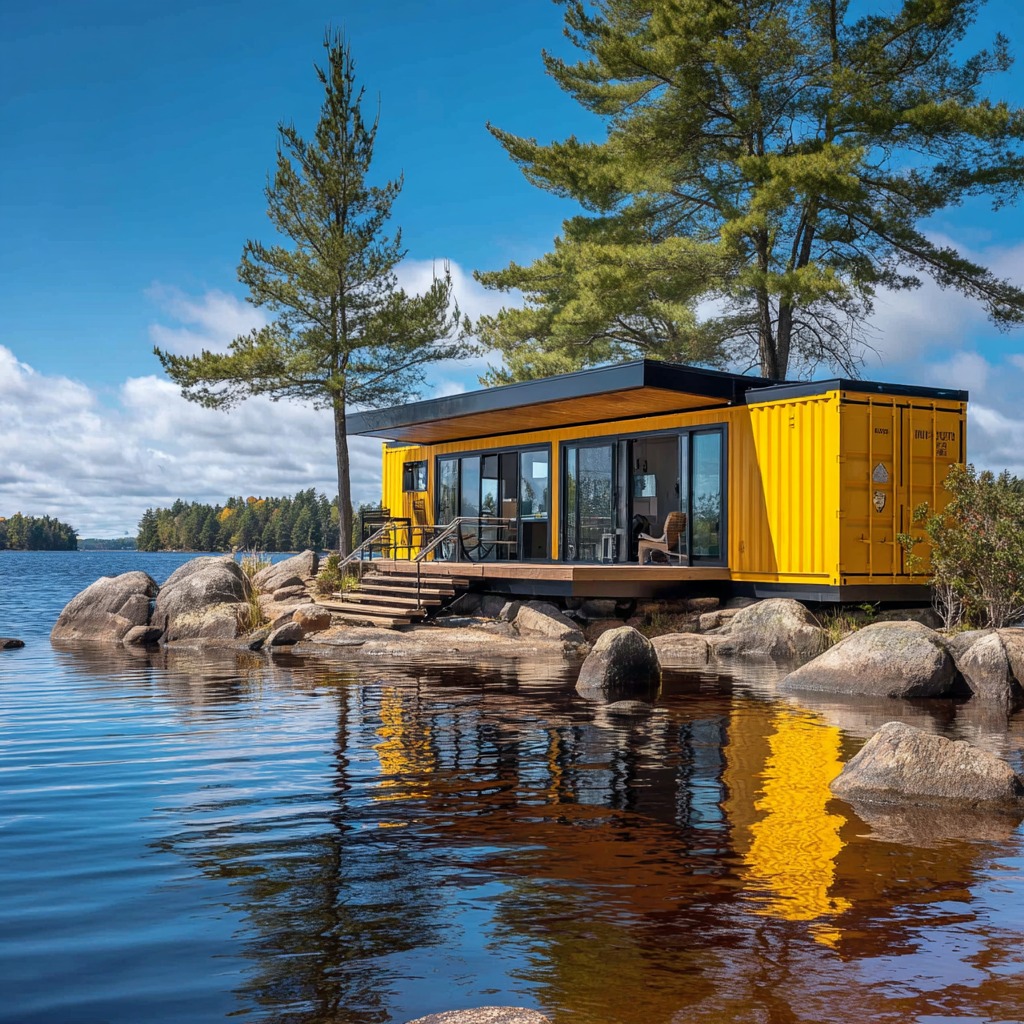 Container - This bright yellow container house perched over the lake is ...