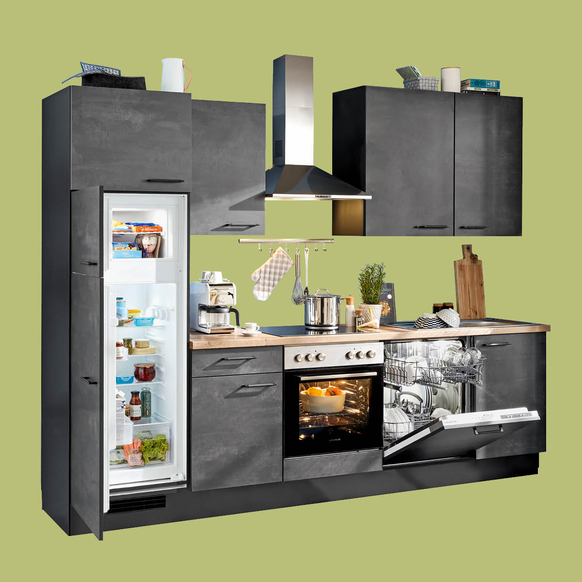 So schön kann kochen sein!🩶🍳 Zauber deinem Zuhause mit dieser Einbauküche, mit Fronten in Schwarzbeton Nachbildung und Korpus in Schwarz, Klassik und Eleganz ein und kreiere viele fantastische Gerichte.🍲 👉https://www.roller.de/kueche/angebotskueche