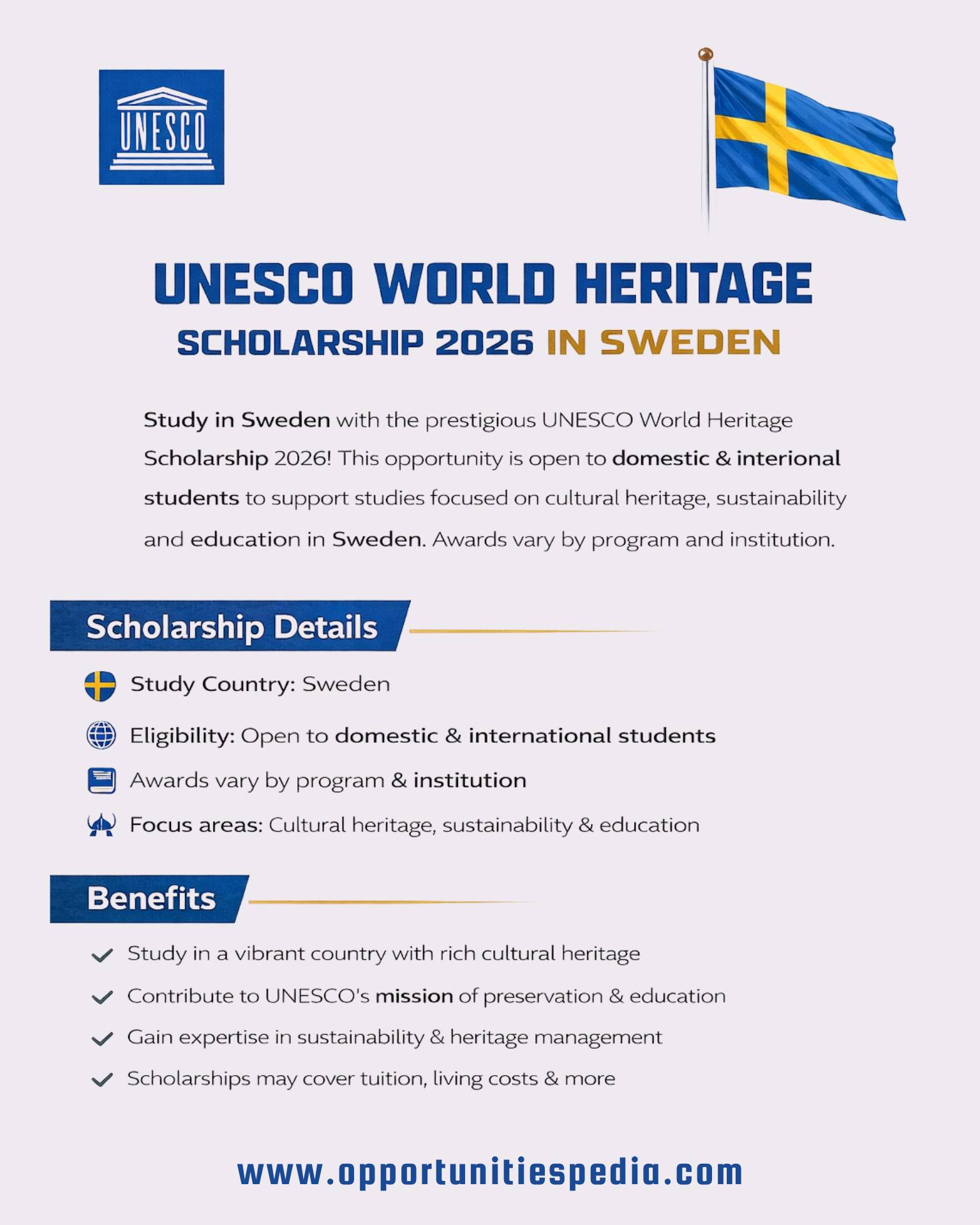 🇸🇪 UNESCO World Heritage Scholarship... - Opportunities Pedia | Facebook