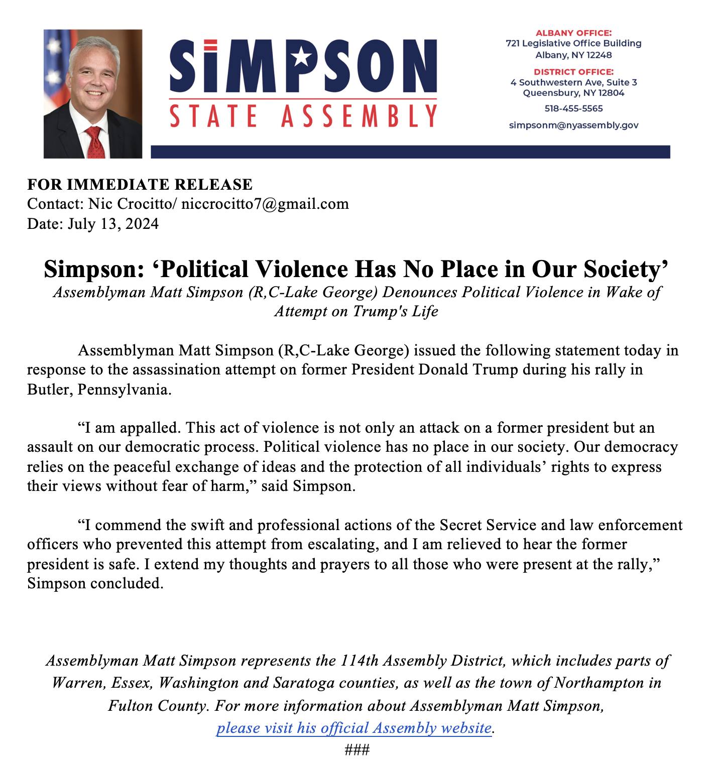 I am appalled by the news... - Assemblyman Matt Simpson