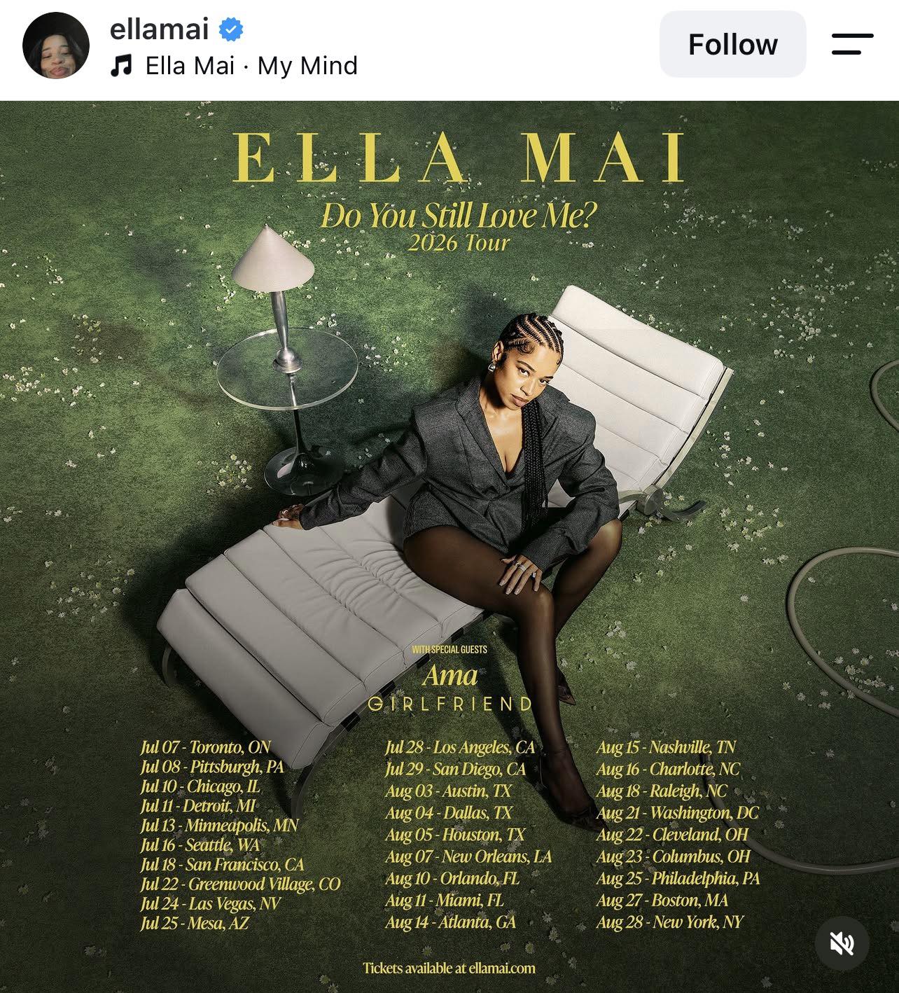 Ella Mai just dropped her tour dates. Anybody going…?