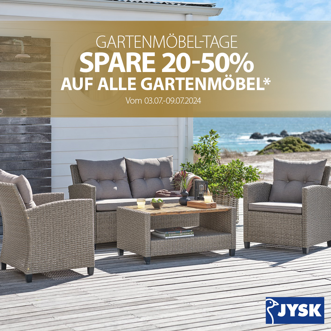 JYSK feiert noch bis Dienstag, 09. Juli, Gartenmöbel-Tage mit 20-50% Rabatt auf alle Gartenmöbel*! 🎉 *Ausgenommen mit IMMER GÜNSTIG gekennzeichnete Artikel & Sets. Vom 03.07.-09.07.2024. Teilweise nu