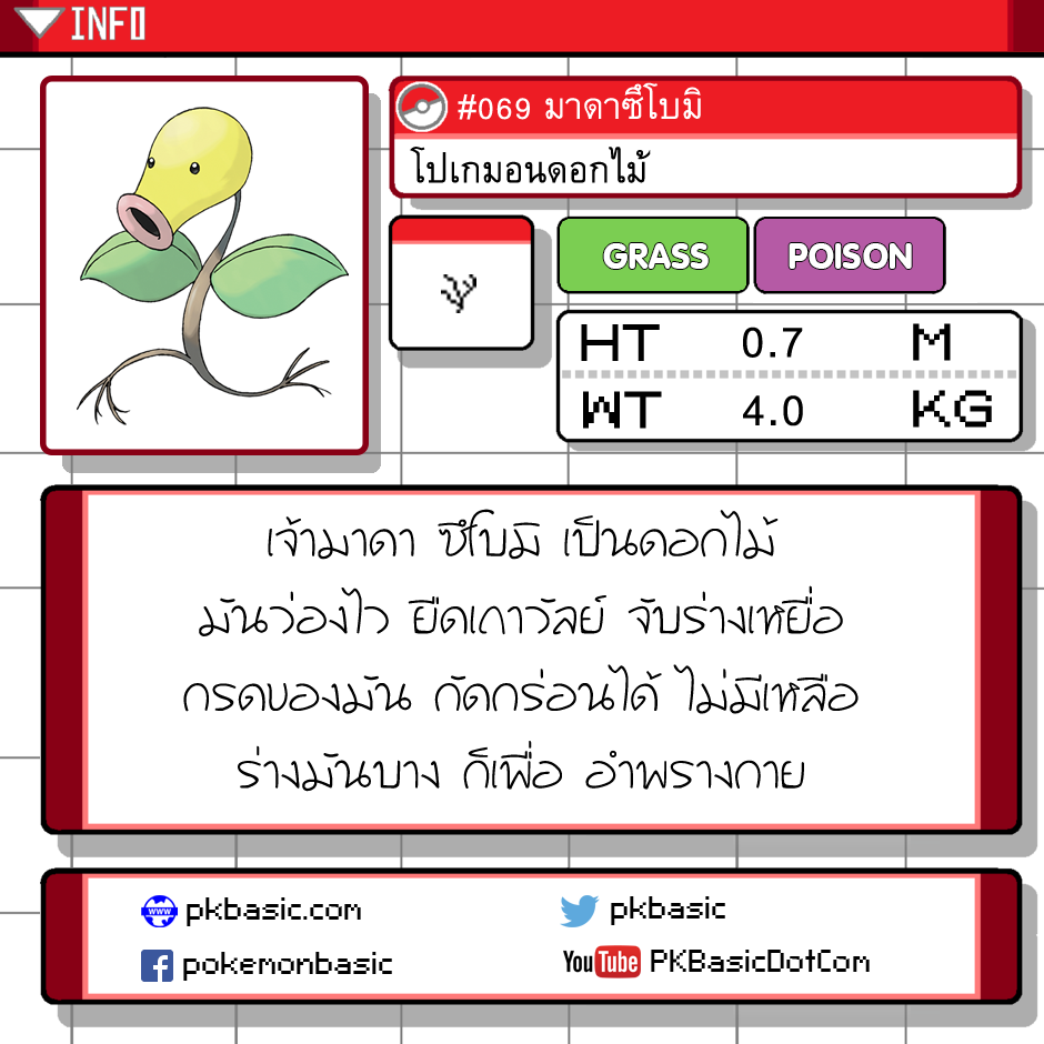 Pokemon-Basic - Pokedex วันนี้ขอเสนอข้อมูลของ มาดาซึโบมิค่ะ ชื่อของมัน ...