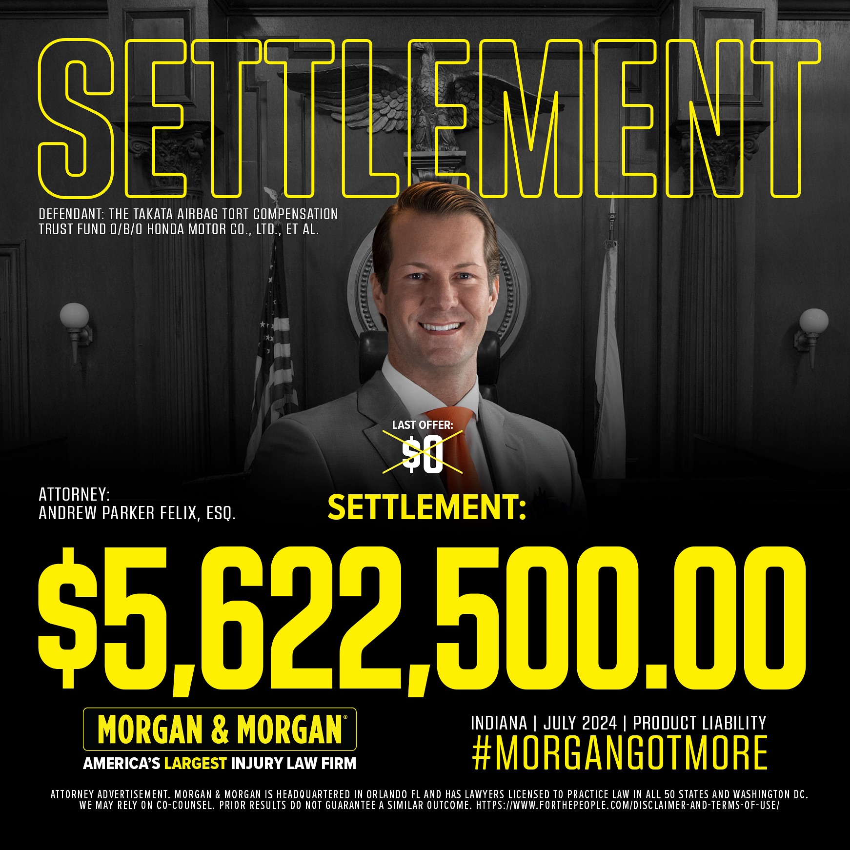 Congratulations to Andrew Parker Felix for securing a $5,622,500.00  settlement for our client in Indiana! Ensuring our clients get the justice  they deserve is what fuels our fight #ForThePeople 💪